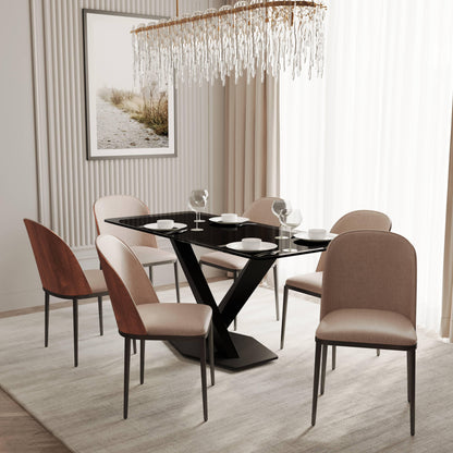 Voren 7-Piece Dining Set with 55" Rectangular Dining Table in Black Glass Top and 6 Leather/Velvet/Suede Fabric Dining Chairs - Elax Furniture