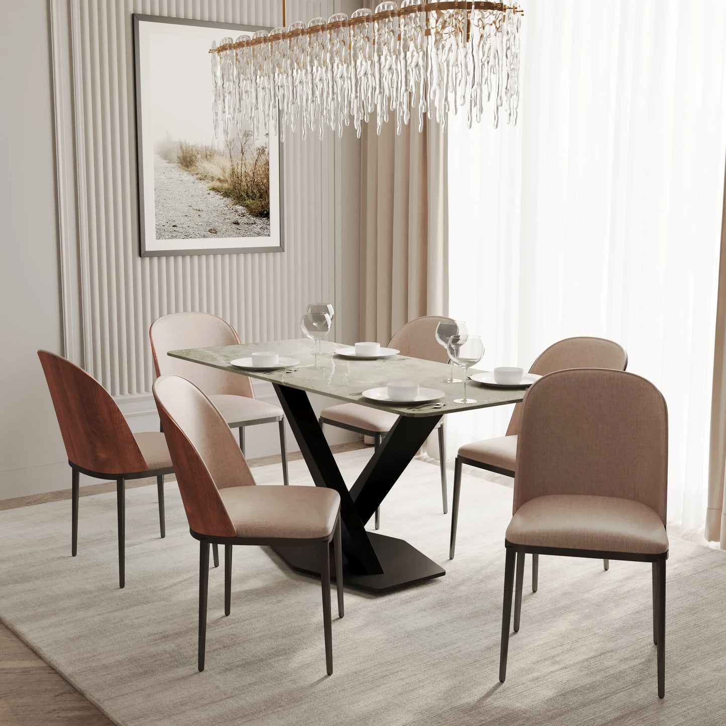 Voren 7-Piece Dining Set with 55" Rectangular Dining Table in Deep Grey Sintered Stone Top and 6 Leather/Velvet/Suede Fabric Dining Chairs - Elax Furniture
