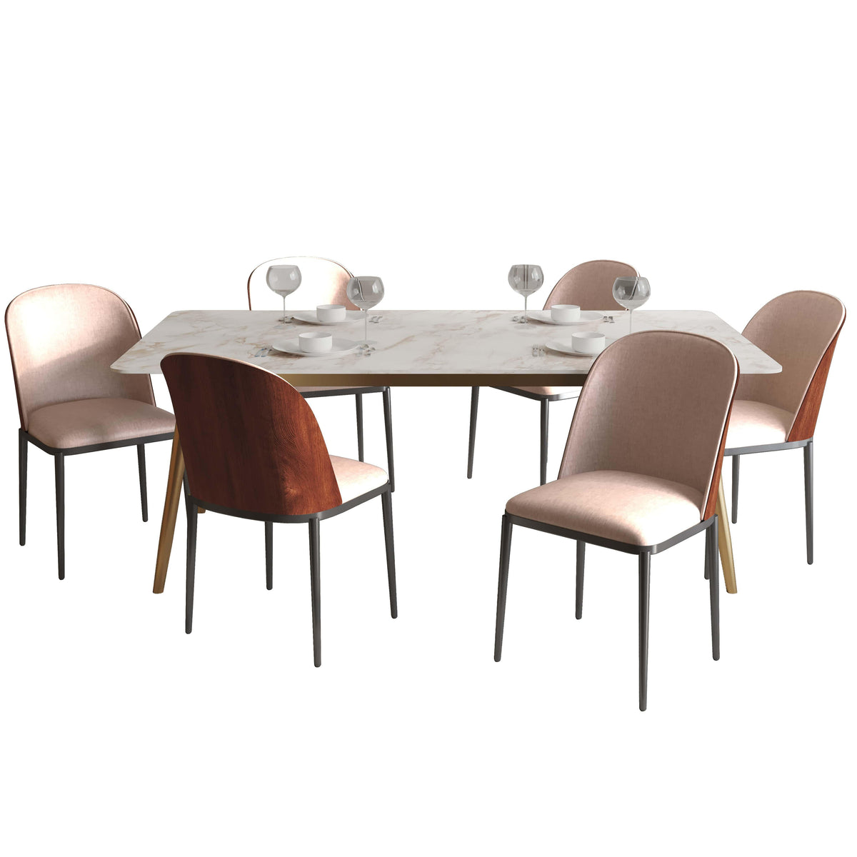Zayle 7-Piece Dining Set with 55" Rectangular Dining Table in White Grey Sintered Stone Top and 6 Leather Dining Chairs - Elax Furniture