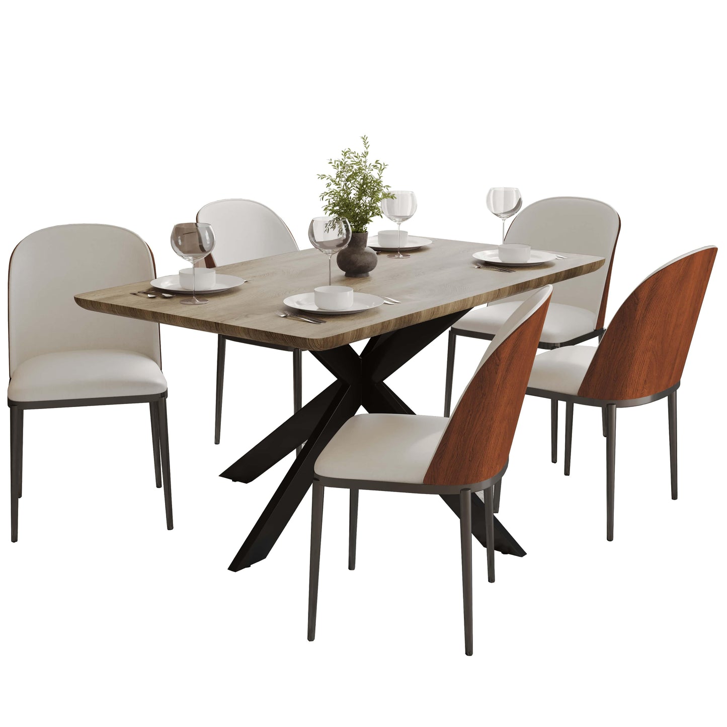 Ravenna 6-Piece Dining Set with 63" Rectangular Dining Table in Natural Wood MDF and 5 Leather/Fabric/Suede Fabric Dining Chairs - Elax Furniture