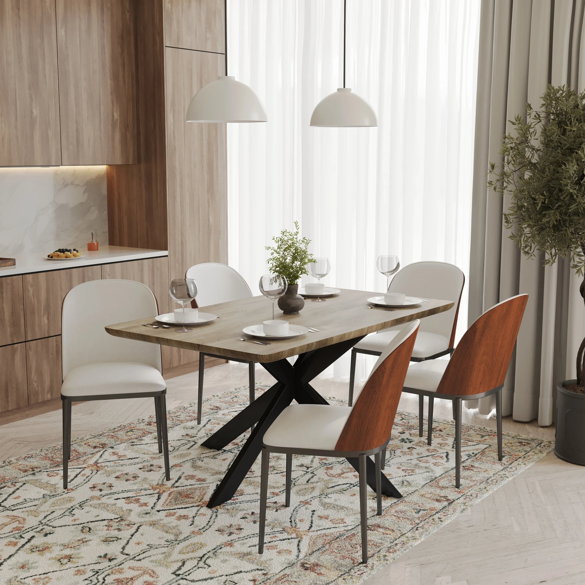 Ravenna 6-Piece Dining Set with 63" Rectangular Dining Table in Natural Wood MDF and 5 Leather/Fabric/Suede Fabric Dining Chairs - Elax Furniture