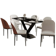 Voren 7-Piece Dining Set with 55" Rectangular Dining Table in Black Glass Top and 6 Leather/Velvet/Suede Fabric Dining Chairs - Elax Furniture