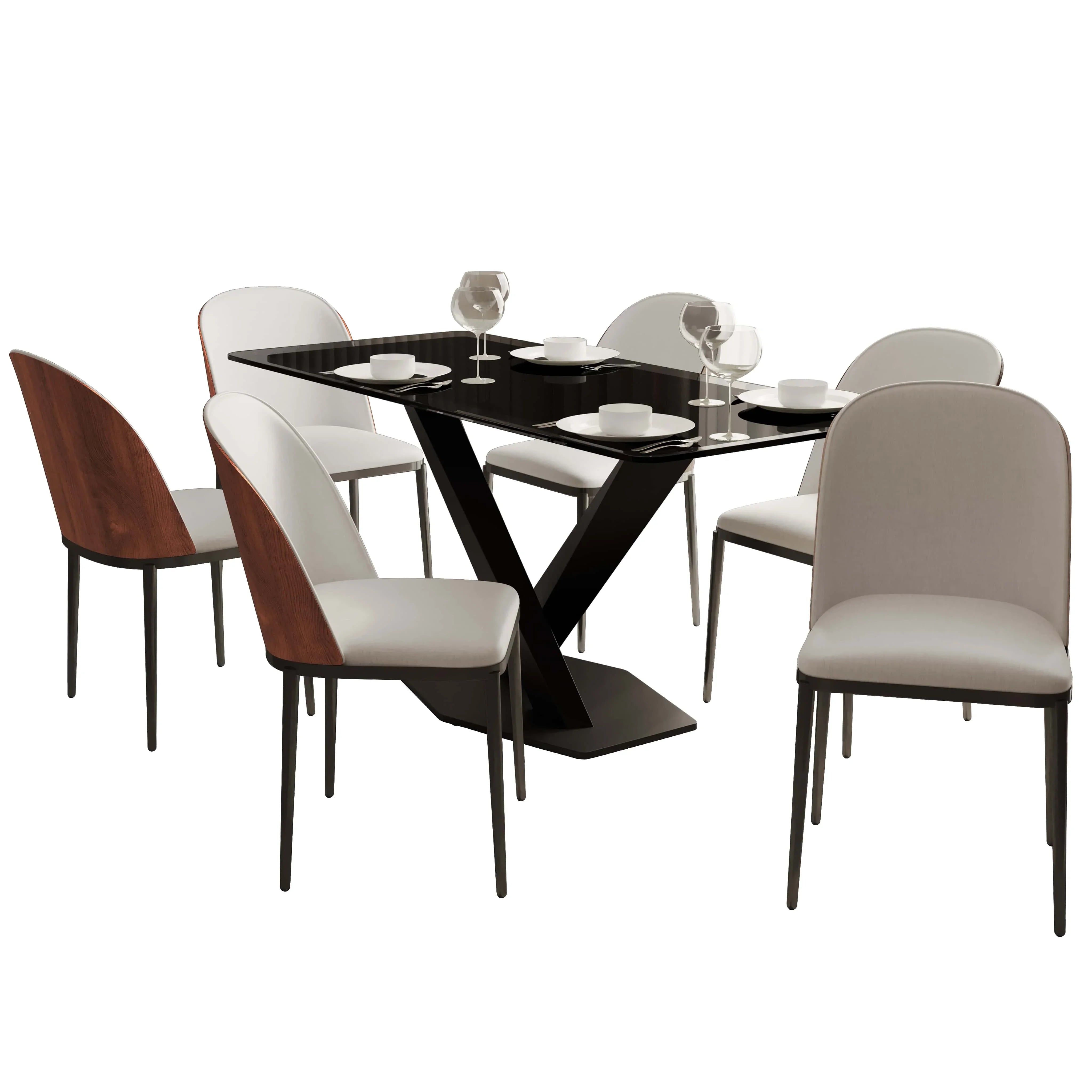 Voren 7-Piece Dining Set with 55" Rectangular Dining Table in Black Glass Top and 6 Leather/Velvet/Suede Fabric Dining Chairs - Elax Furniture