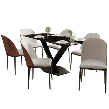 Voren 7-Piece Dining Set with 55" Rectangular Dining Table in Black Glass Top and 6 Leather/Velvet/Suede Fabric Dining Chairs - Elax Furniture