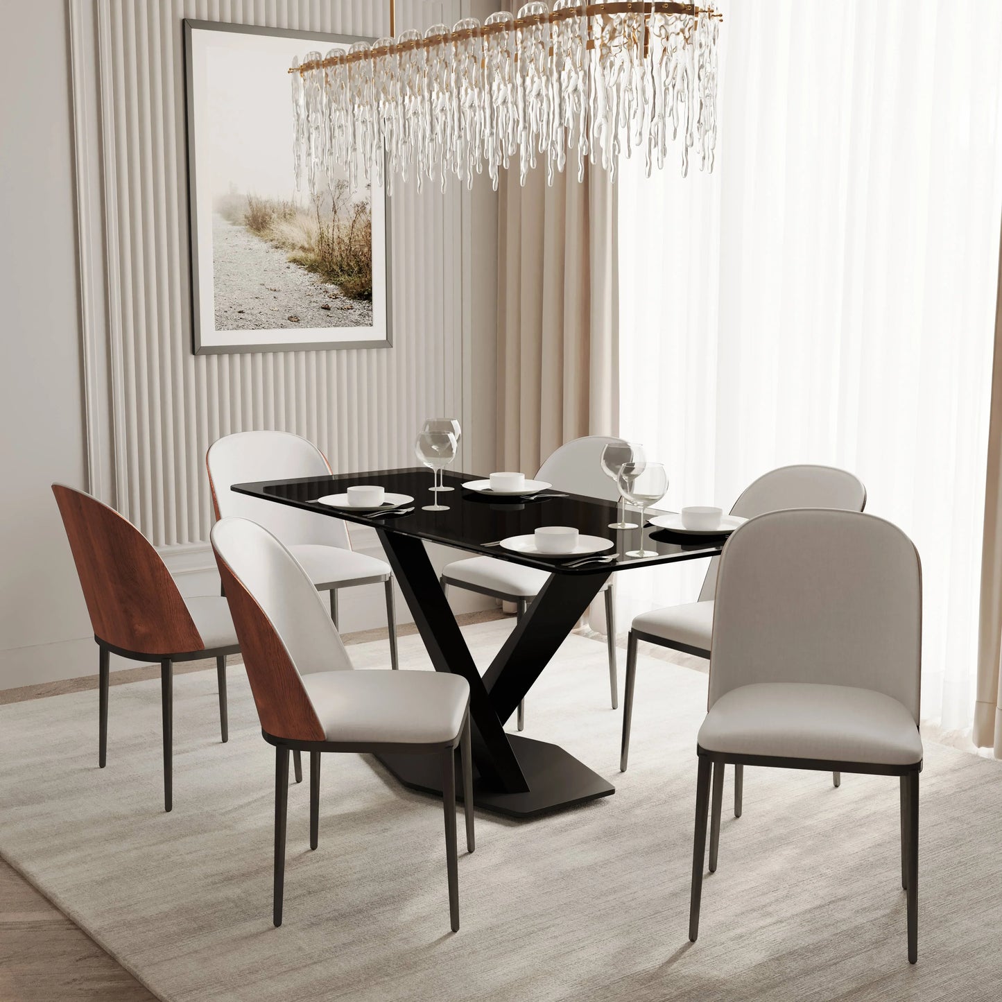 Voren 7-Piece Dining Set with 55" Rectangular Dining Table in Black Glass Top and 6 Leather/Velvet/Suede Fabric Dining Chairs - Elax Furniture
