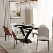 Voren 7-Piece Dining Set with 55" Rectangular Dining Table in Black Glass Top and 6 Leather/Velvet/Suede Fabric Dining Chairs - Elax Furniture
