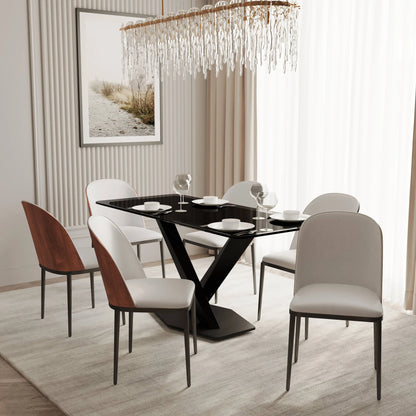 Voren 7-Piece Dining Set with 55" Rectangular Dining Table in Black Glass Top and 6 Leather/Velvet/Suede Fabric Dining Chairs - Elax Furniture