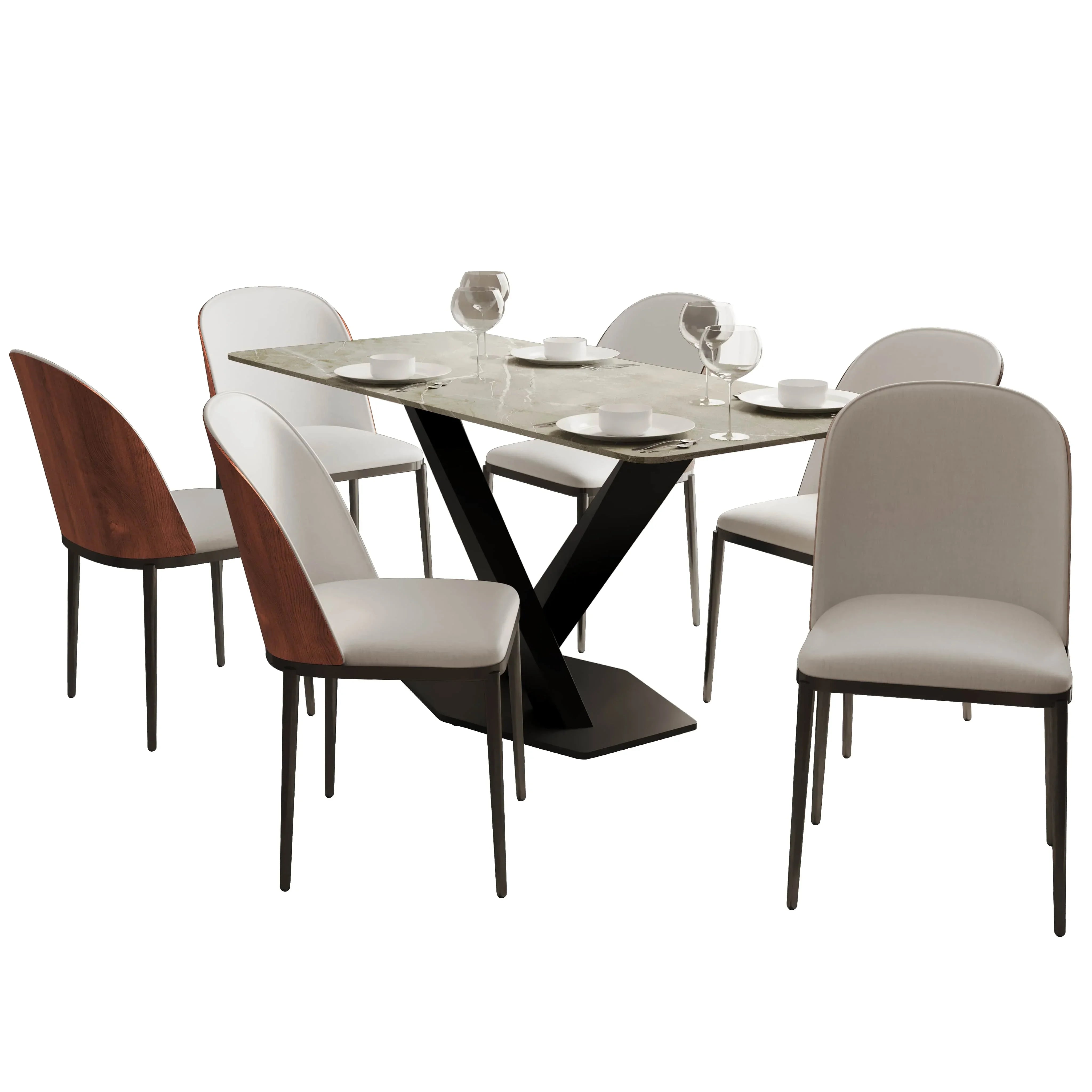 Voren 7-Piece Dining Set with 55" Rectangular Dining Table in Deep Grey Sintered Stone Top and 6 Leather/Velvet/Suede Fabric Dining Chairs - Elax Furniture