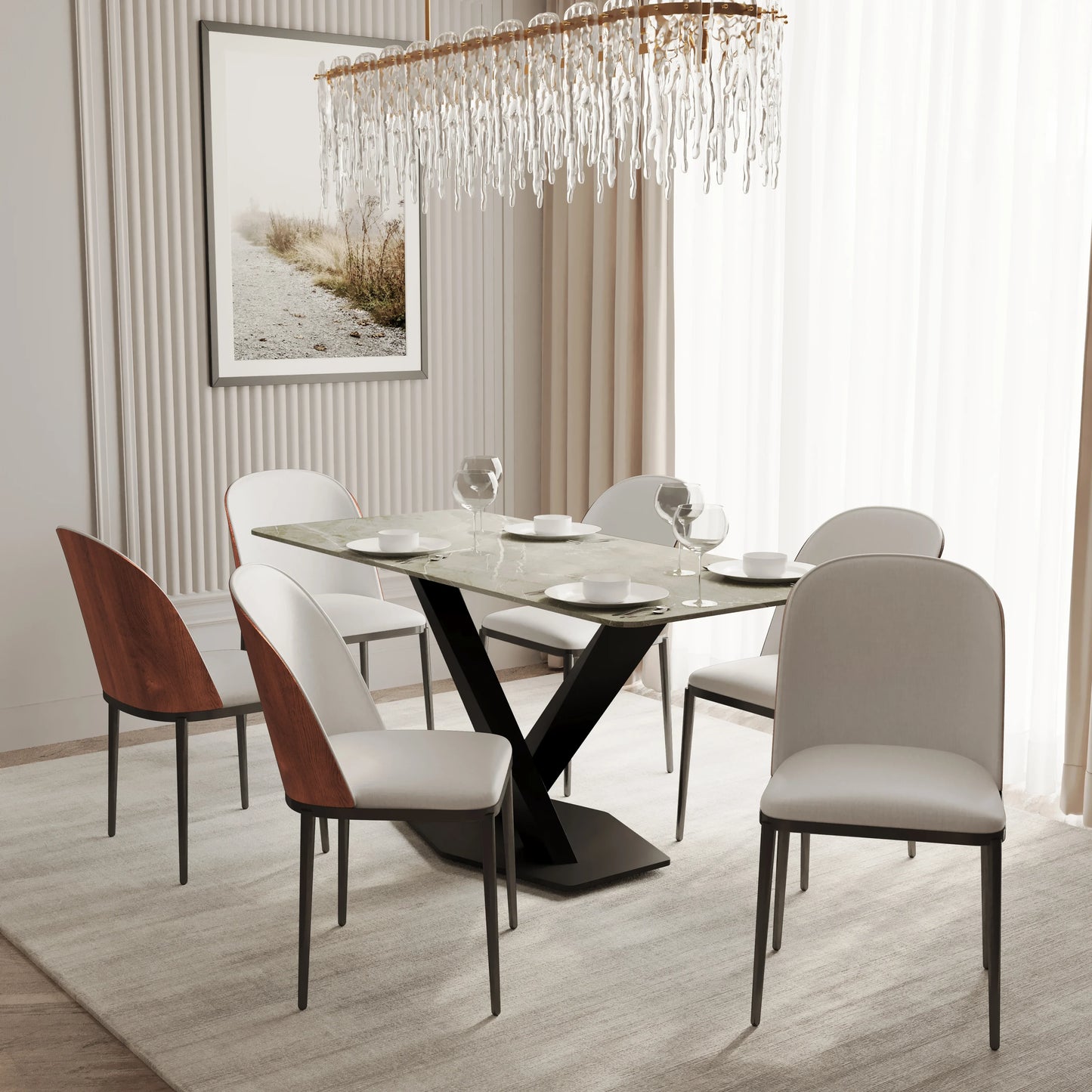 Voren 7-Piece Dining Set with 55" Rectangular Dining Table in Deep Grey Sintered Stone Top and 6 Leather/Velvet/Suede Fabric Dining Chairs - Elax Furniture