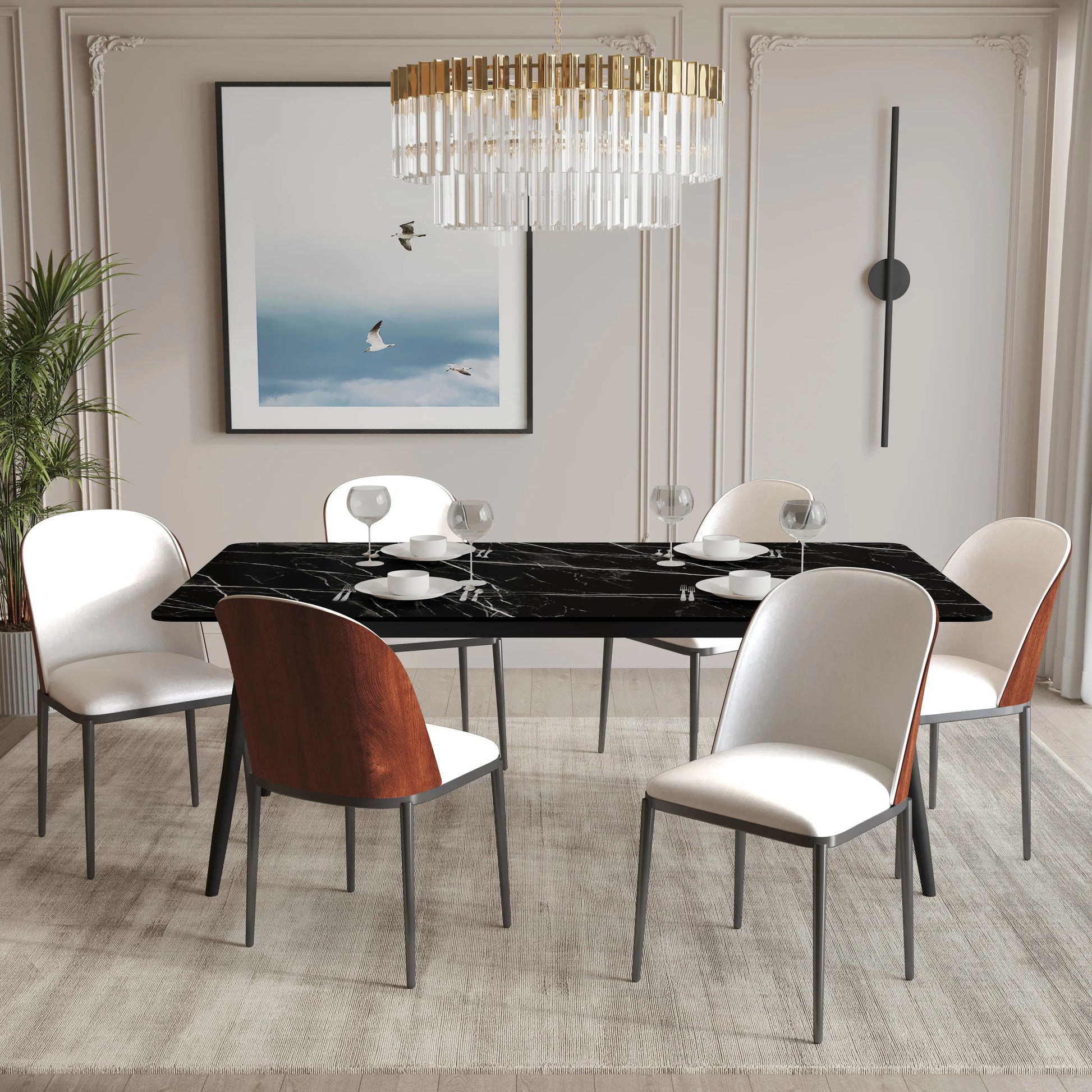 Zayle 7-Piece Dining Set with 55" Rectangular Dining Table in Black/Gold Sintered Stone Top and 6 Leather Dining Chairs - Elax Furniture