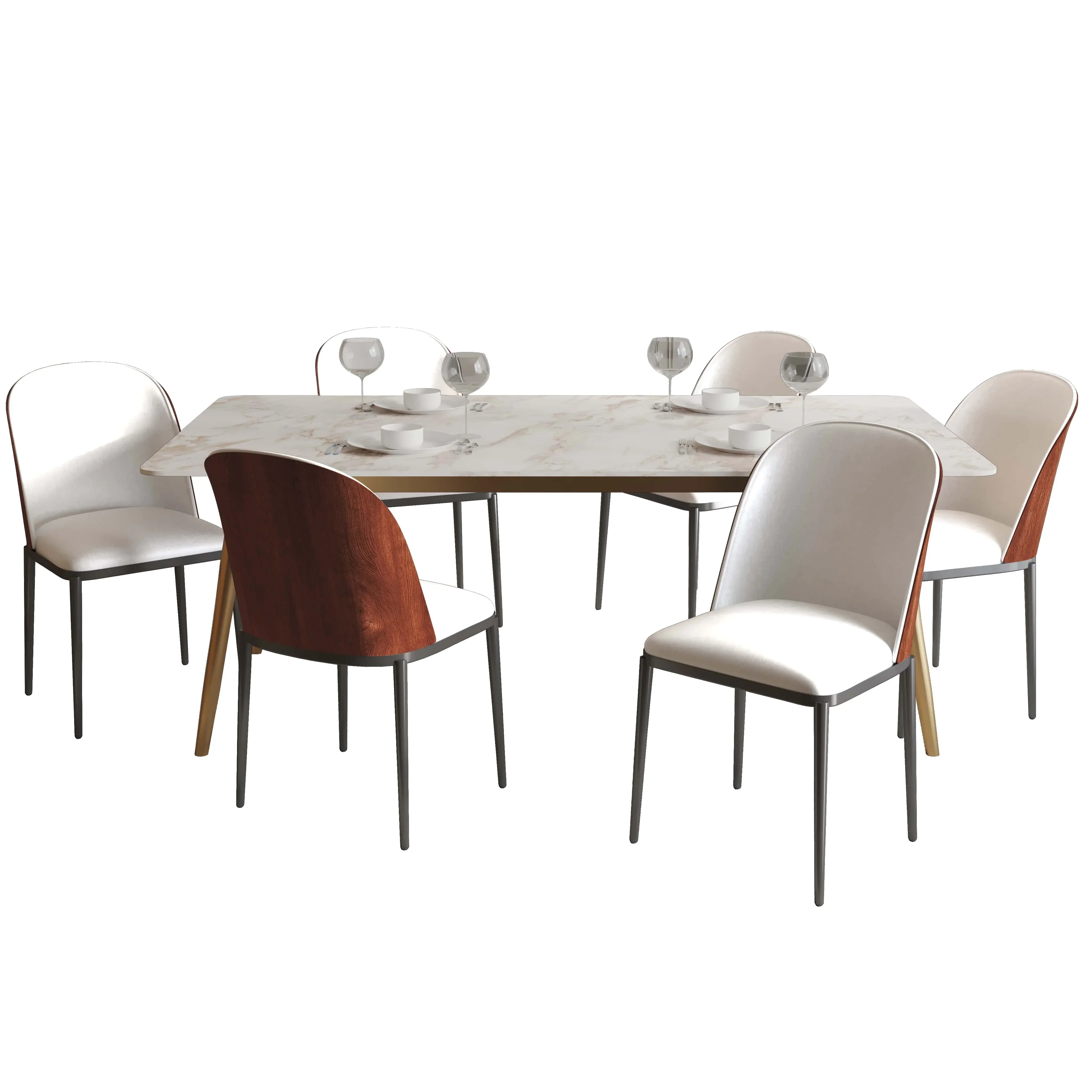 Zayle 7-Piece Dining Set with 55" Rectangular Dining Table in White Grey Sintered Stone Top and 6 Leather Dining Chairs - Elax Furniture