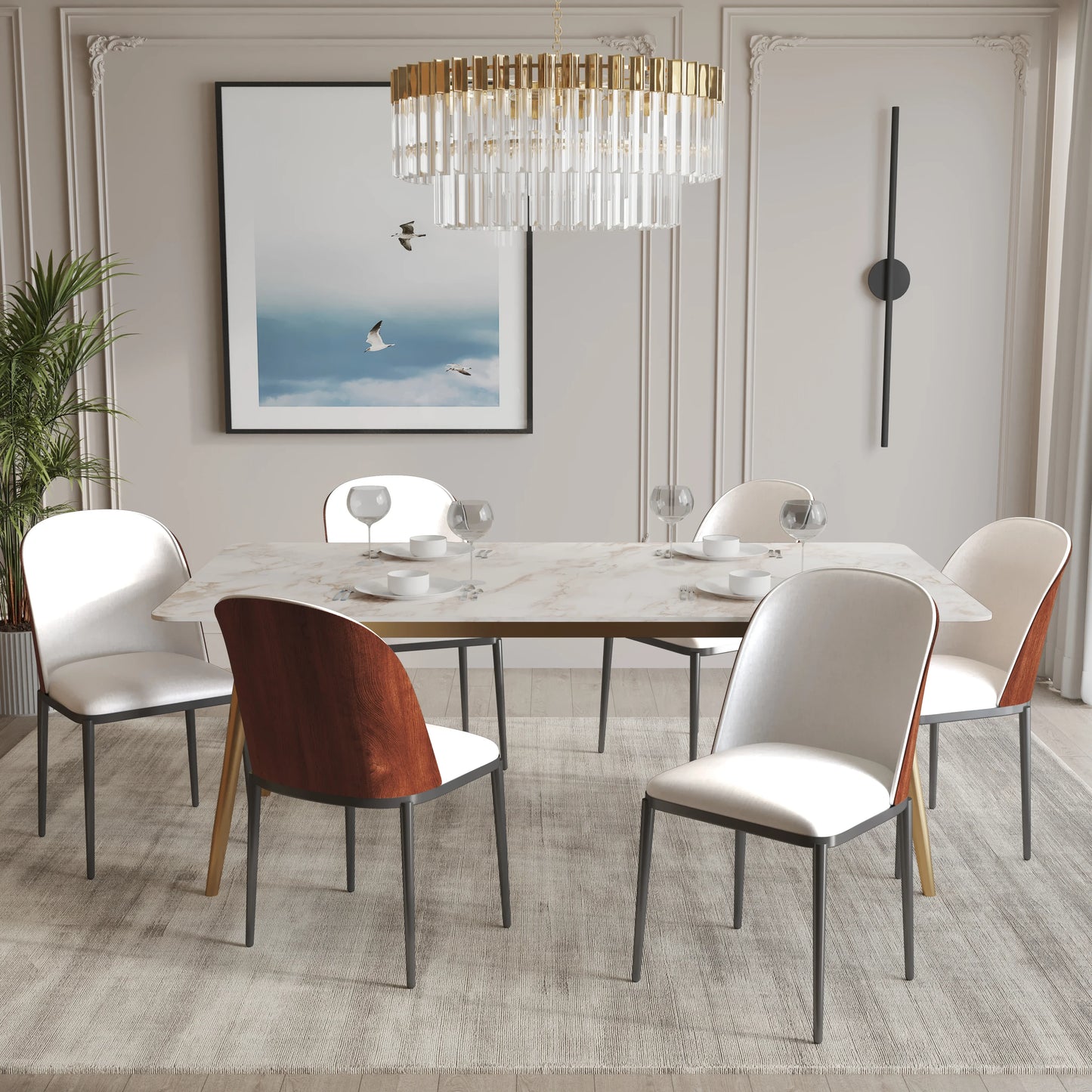 Zayle 7-Piece Dining Set with 55" Rectangular Dining Table in White Grey Sintered Stone Top and 6 Leather Dining Chairs - Elax Furniture
