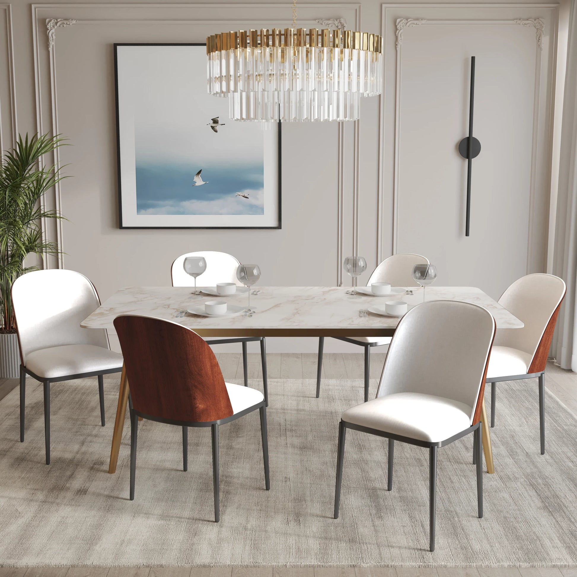 Zayle 7-Piece Dining Set with 55" Rectangular Dining Table in White Grey Sintered Stone Top and 6 Leather Dining Chairs - Elax Furniture