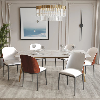 Zayle 7-Piece Dining Set with 55" Rectangular Dining Table in White Grey Sintered Stone Top and 6 Leather Dining Chairs - Elax Furniture