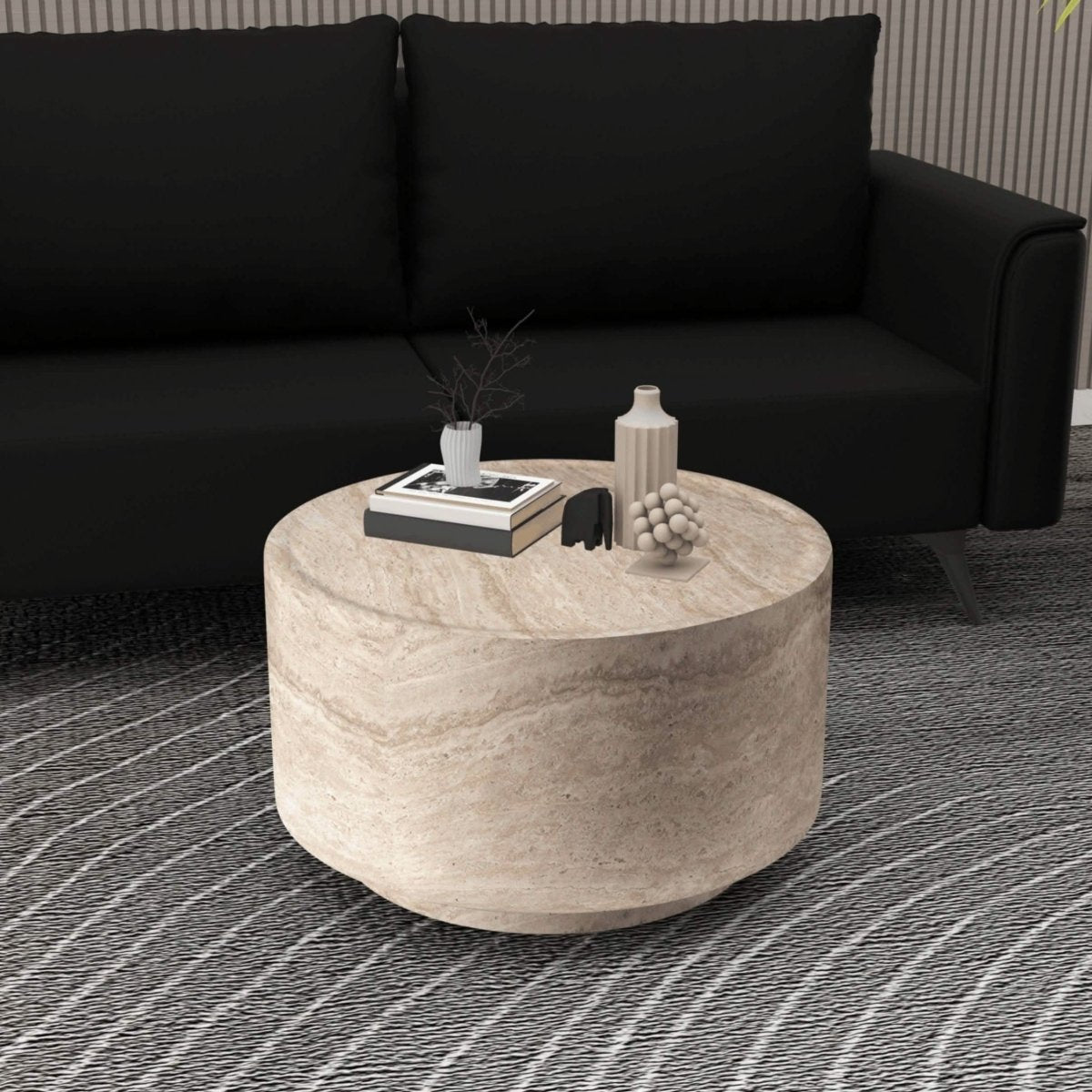 Terra 36" Round Coffee Table in Fiberstone for Indoor and Outdoor Travertine Coffee Table LeisureMod