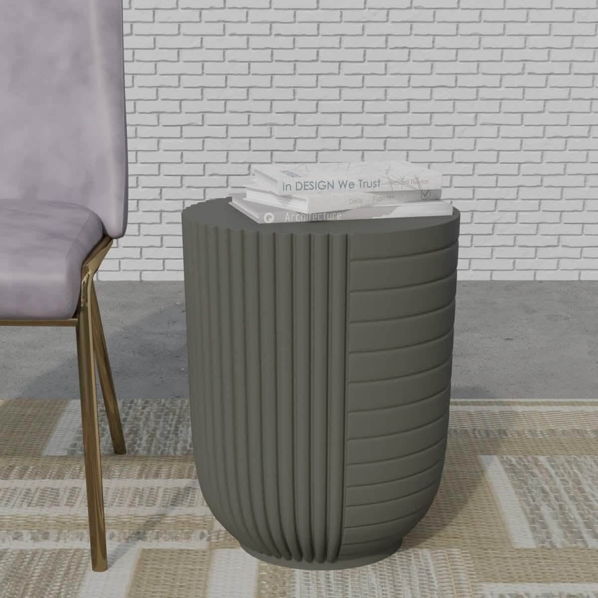 Trove 14" Wide Round Side Fiberstone Table With Ribbed Design Green Grey Side Table Leisuremod