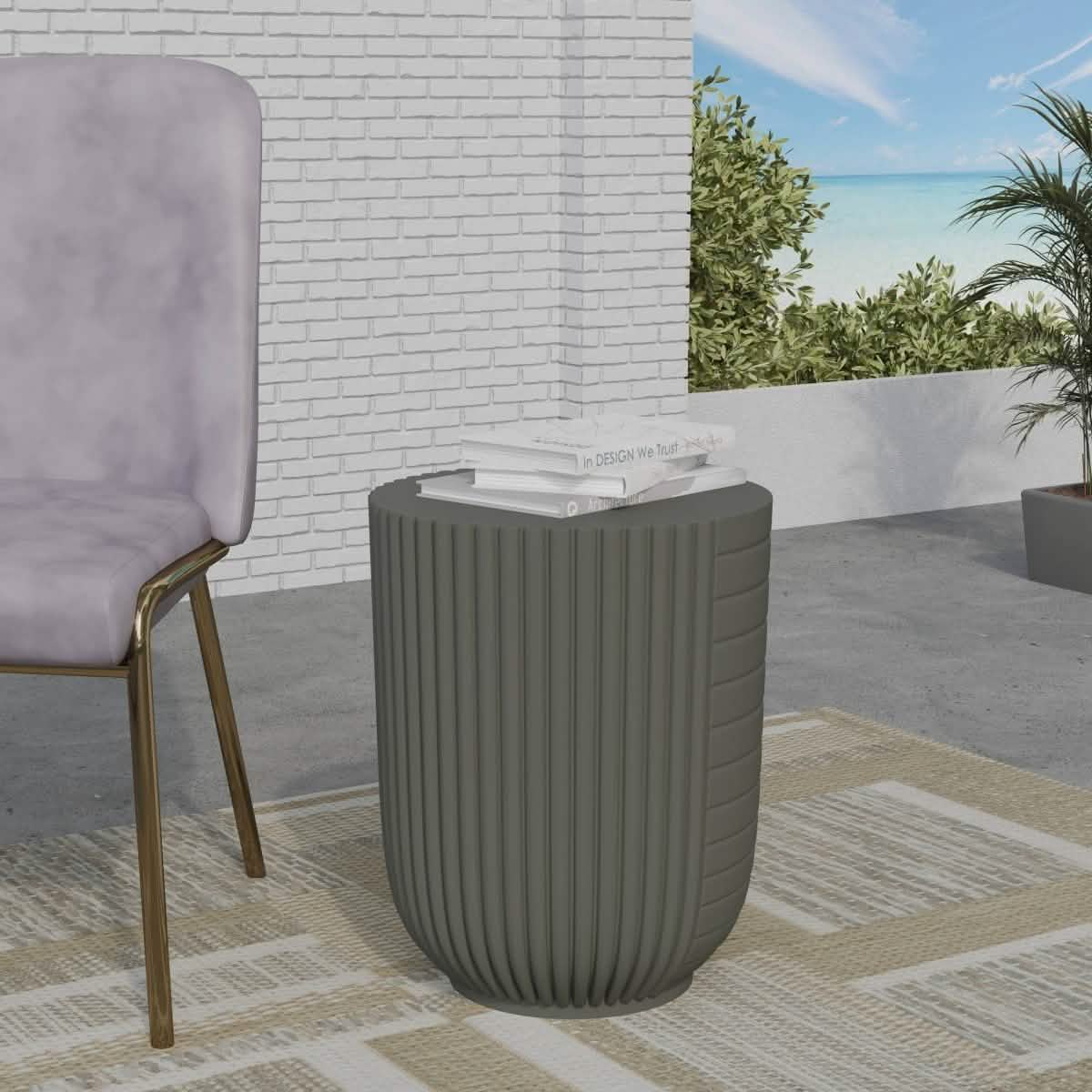Trove 14" Wide Round Side Fiberstone Table With Ribbed Design Green Grey Side Table Leisuremod