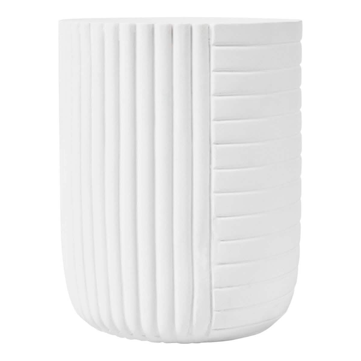 Trove 14" Wide Round Side Fiberstone Table With Ribbed Design White Side Table Leisuremod