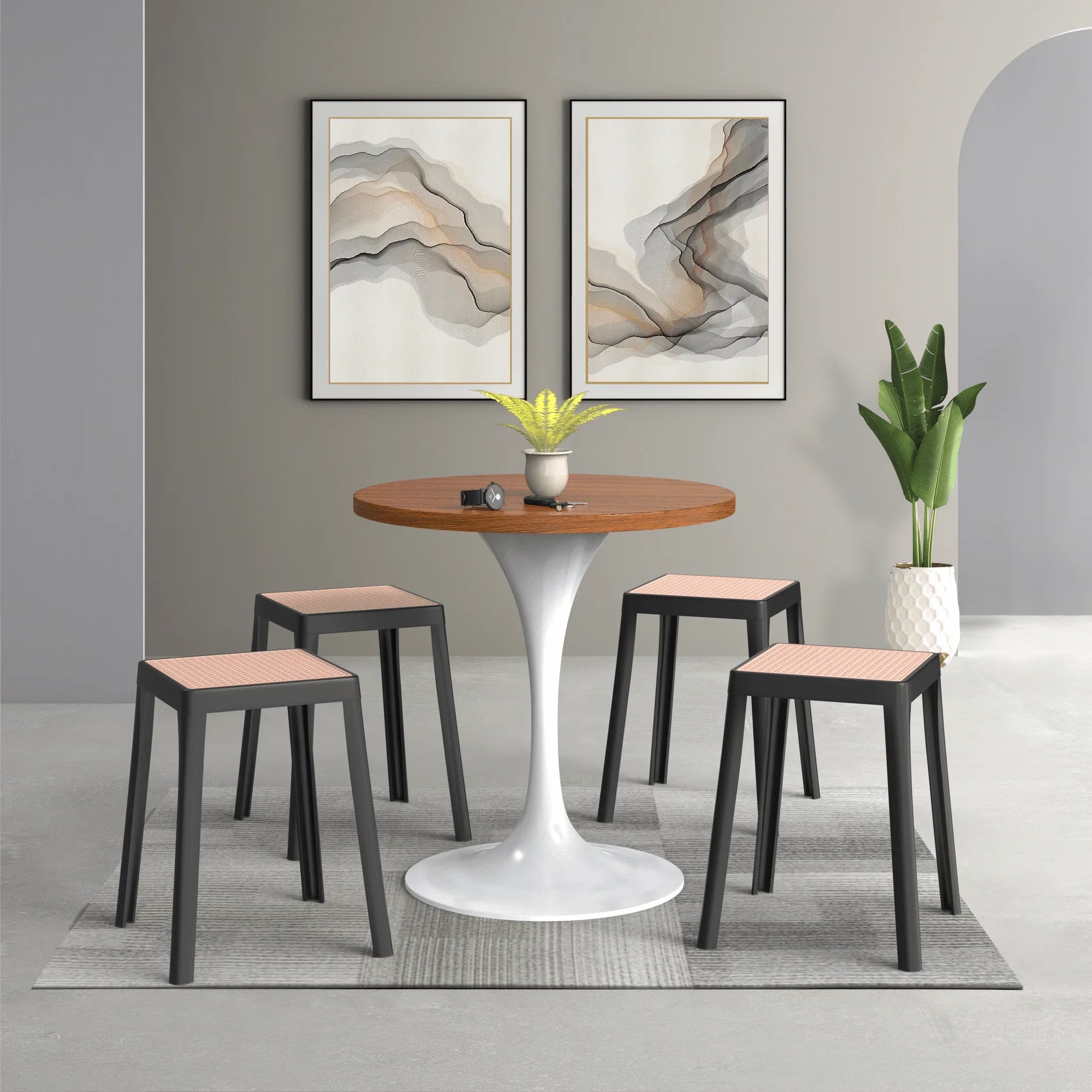 Tresse Mid-Century Modern Stackable Square Plastic Dining Stool with Wicker Top - Elax Furniture
