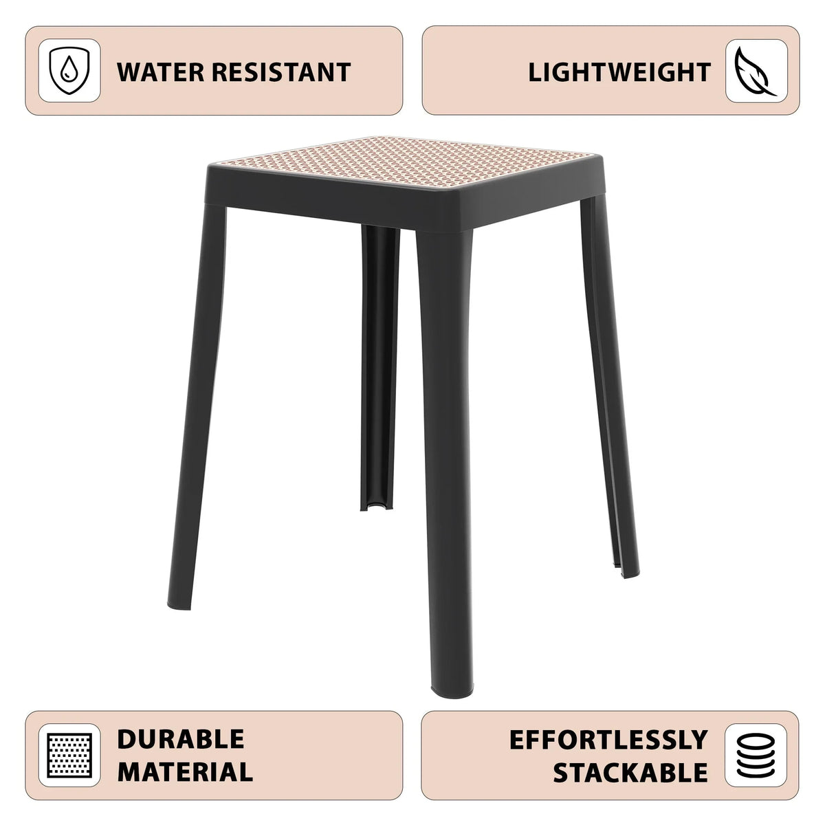Tresse Mid-Century Modern Stackable Square Plastic Dining Stool with Wicker Top - Elax Furniture