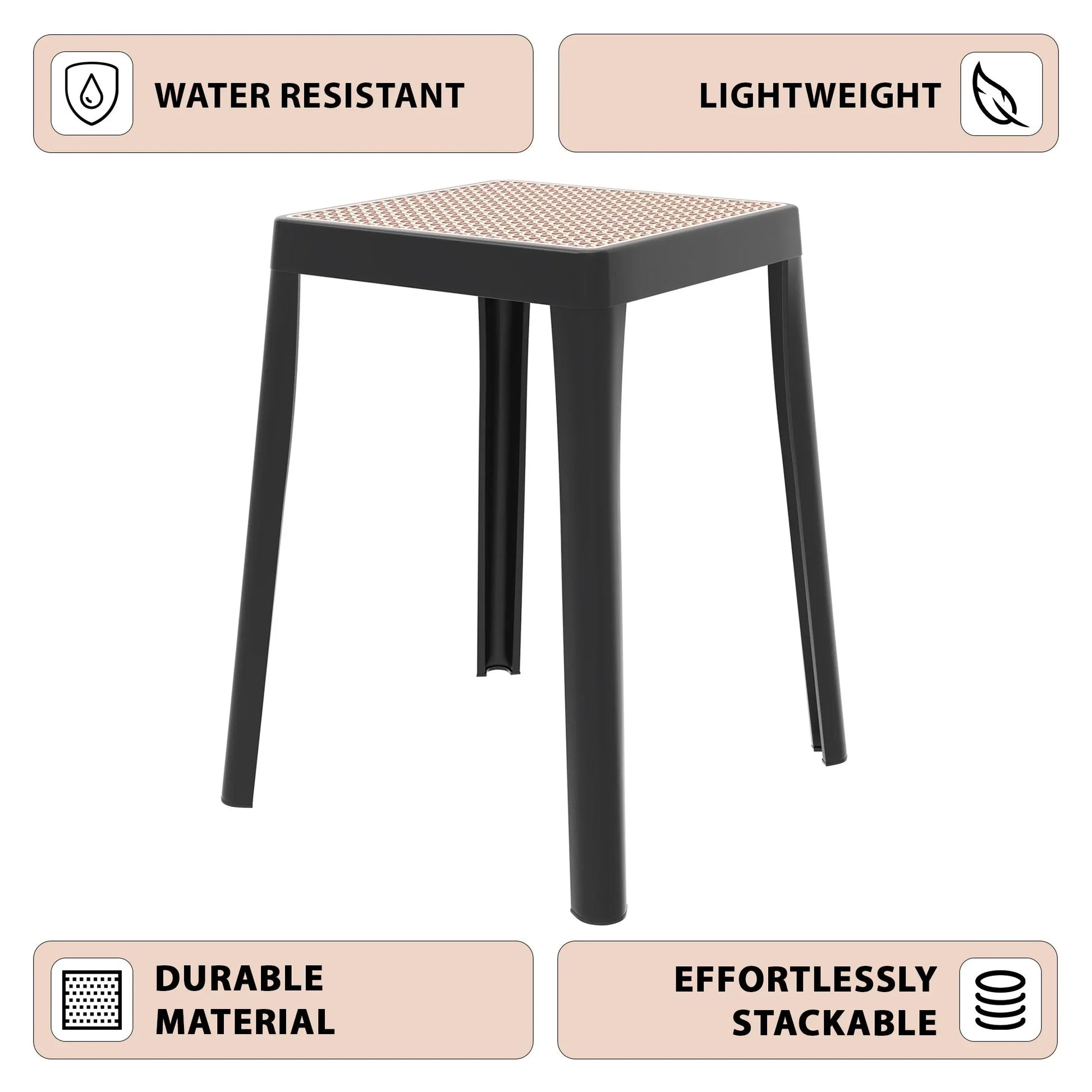 Tresse Mid-Century Modern Stackable Square Plastic Dining Stool with Wicker Top - Elax Furniture