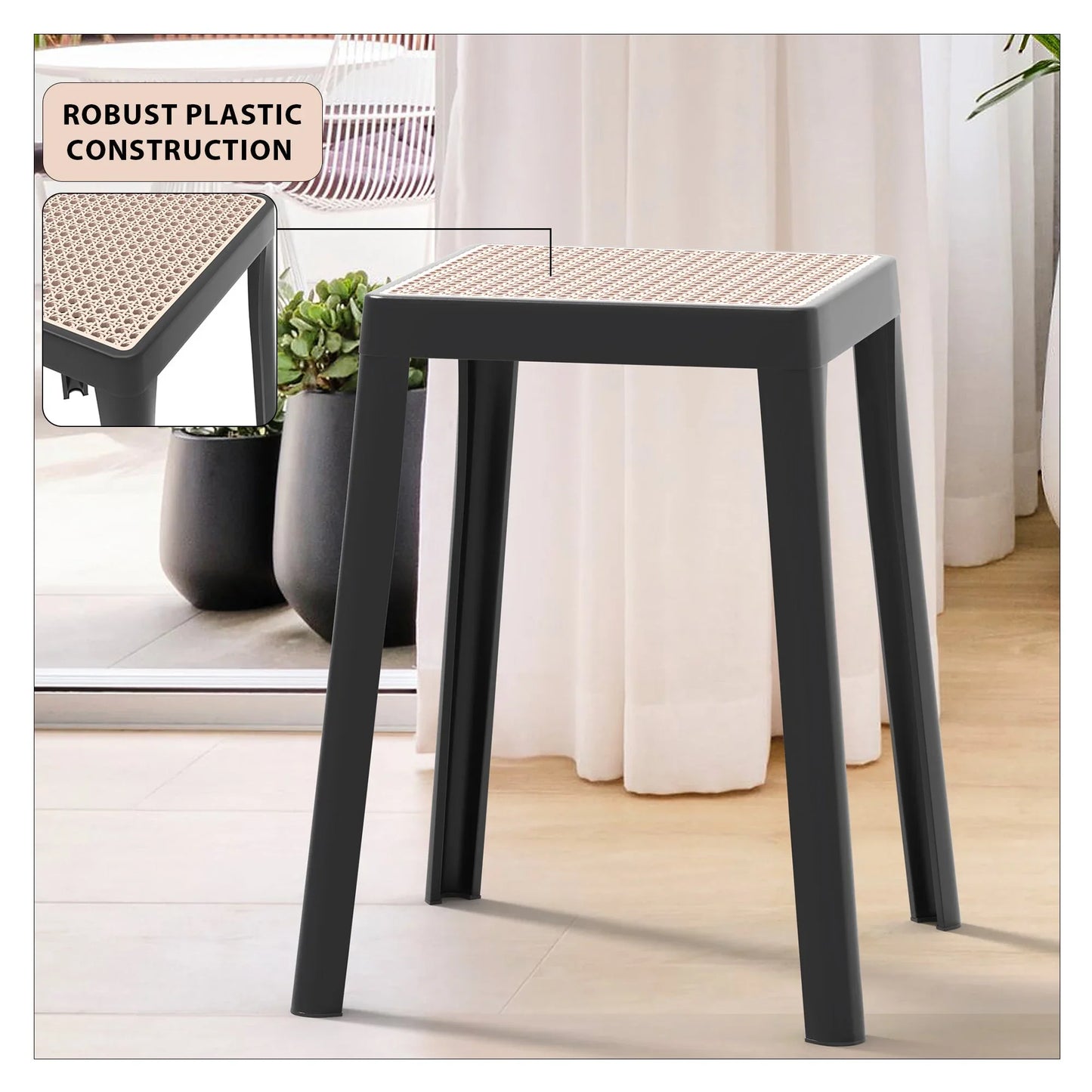 Tresse Mid-Century Modern Stackable Square Plastic Dining Stool with Wicker Top - Elax Furniture