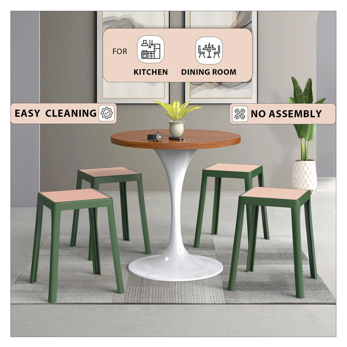 Tresse Mid-Century Modern Stackable Square Plastic Dining Stool with Wicker Top - Elax Furniture