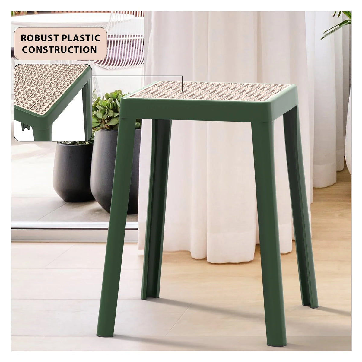 Tresse Mid-Century Modern Stackable Square Plastic Dining Stool with Wicker Top - Elax Furniture