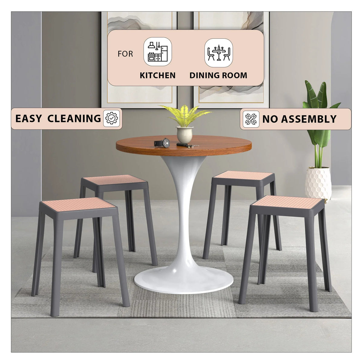 Tresse Mid-Century Modern Stackable Square Plastic Dining Stool with Wicker Top - Elax Furniture