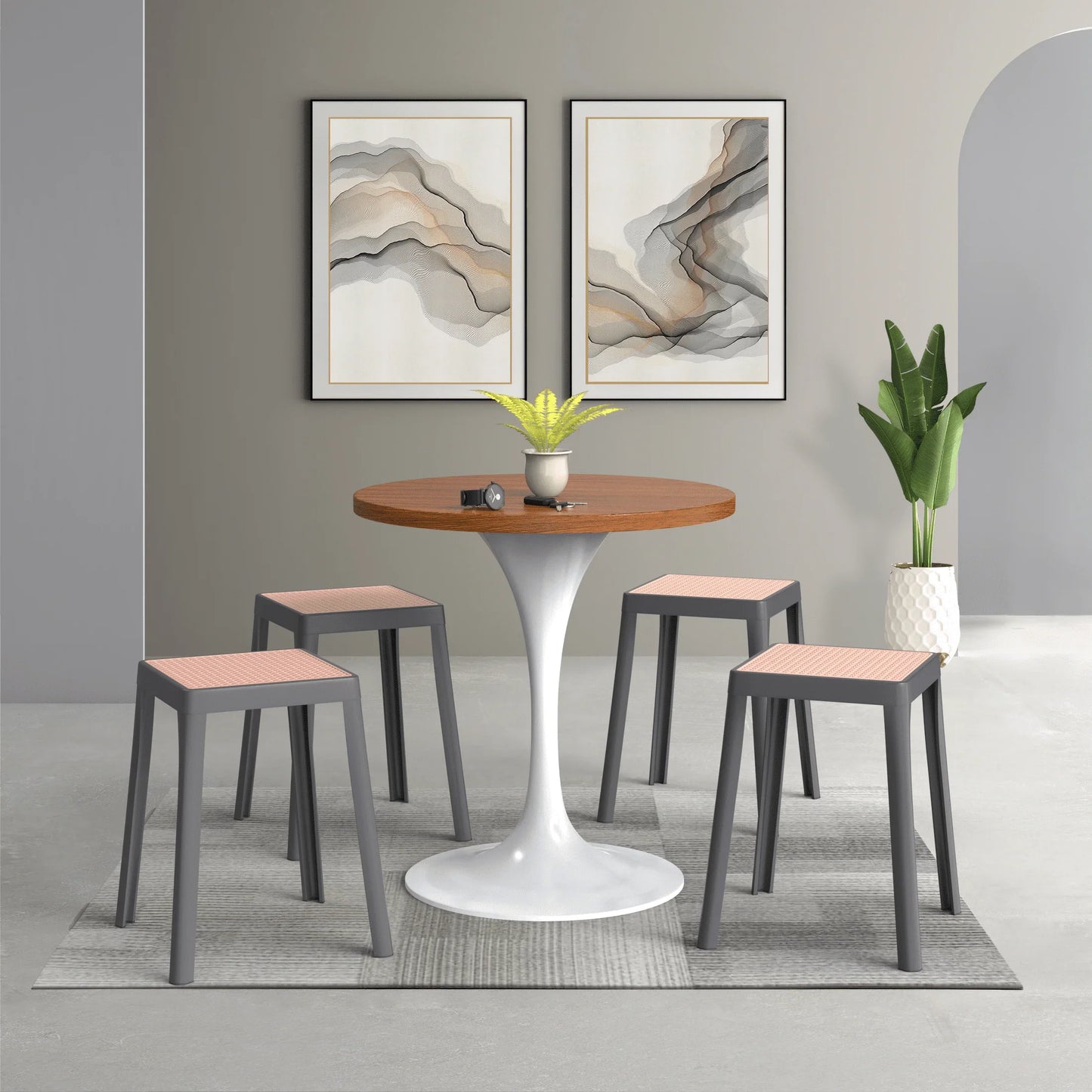 Tresse Mid-Century Modern Stackable Square Plastic Dining Stool with Wicker Top - Elax Furniture