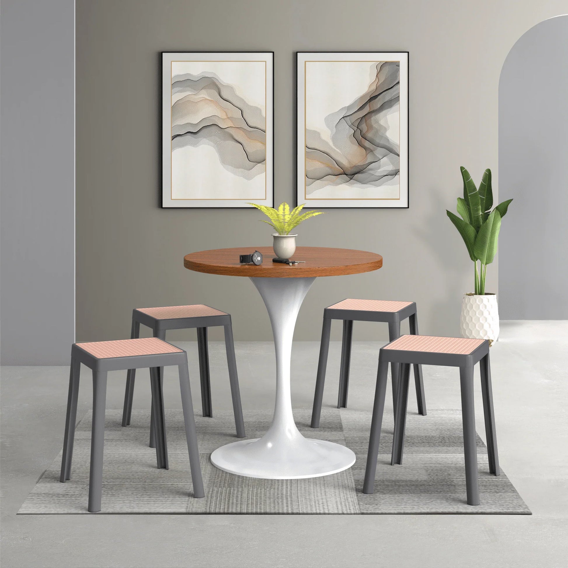 Tresse Mid-Century Modern Stackable Square Plastic Dining Stool with Wicker Top - Elax Furniture