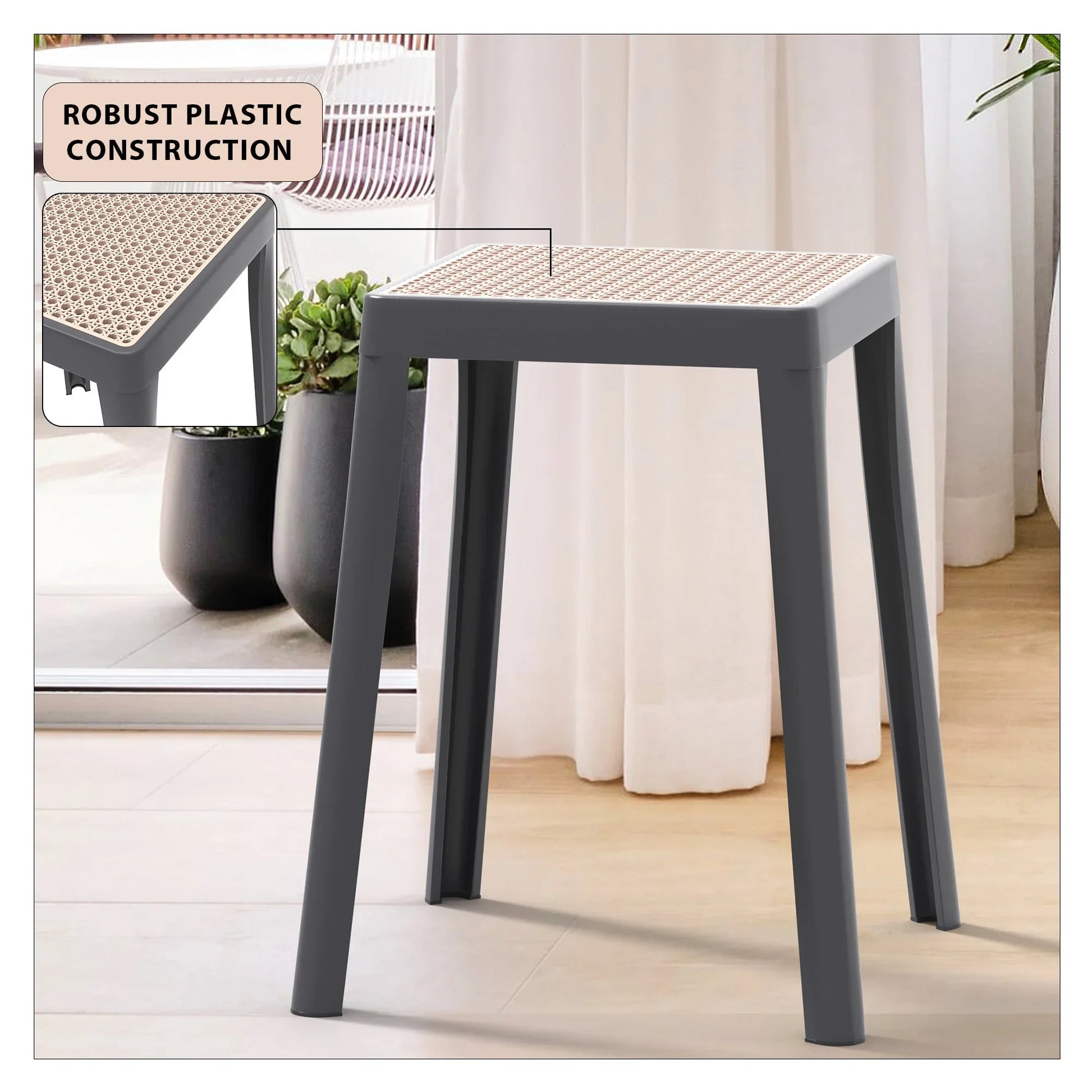 Tresse Mid-Century Modern Stackable Square Plastic Dining Stool with Wicker Top - Elax Furniture