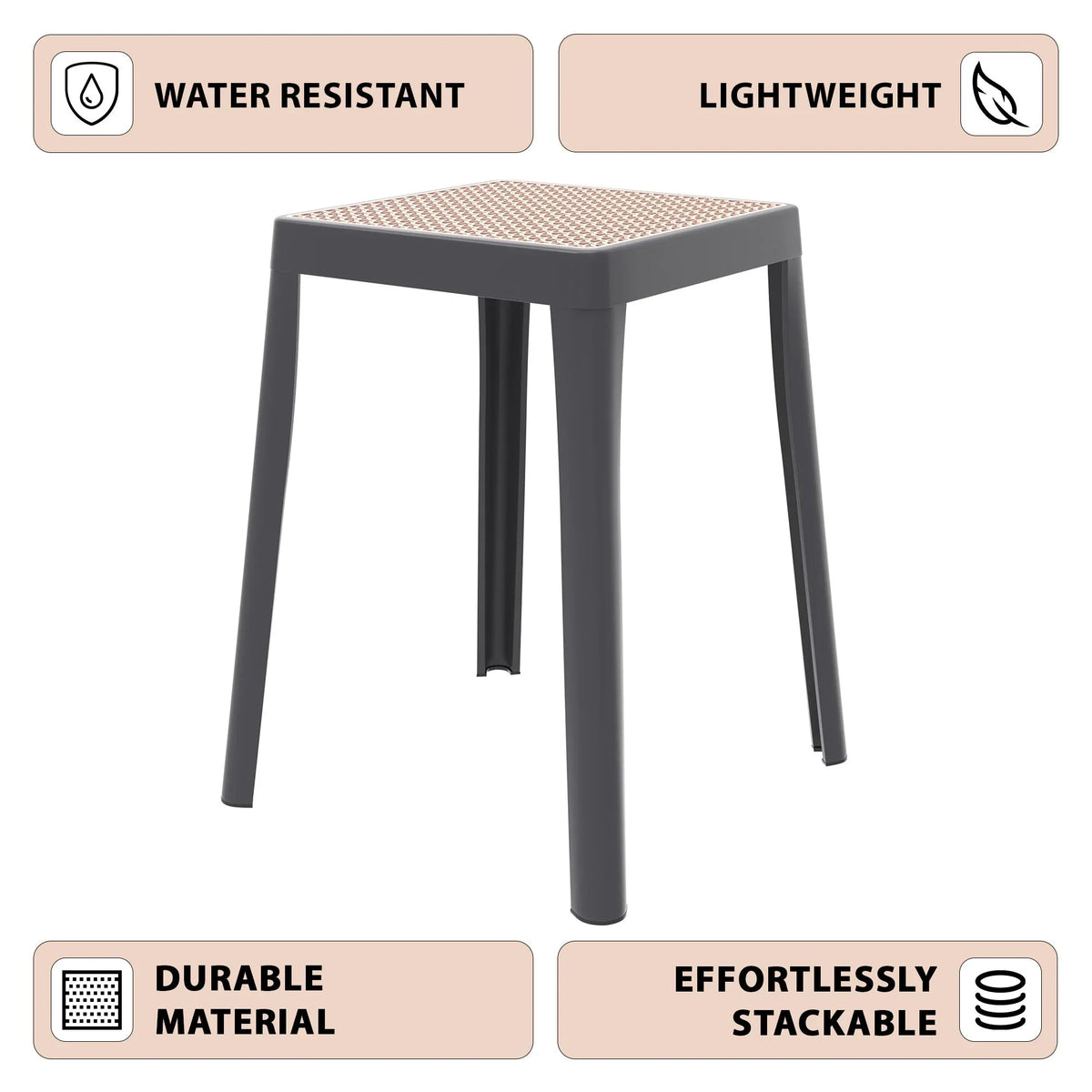 Tresse Mid-Century Modern Stackable Square Plastic Dining Stool with Wicker Top - Elax Furniture