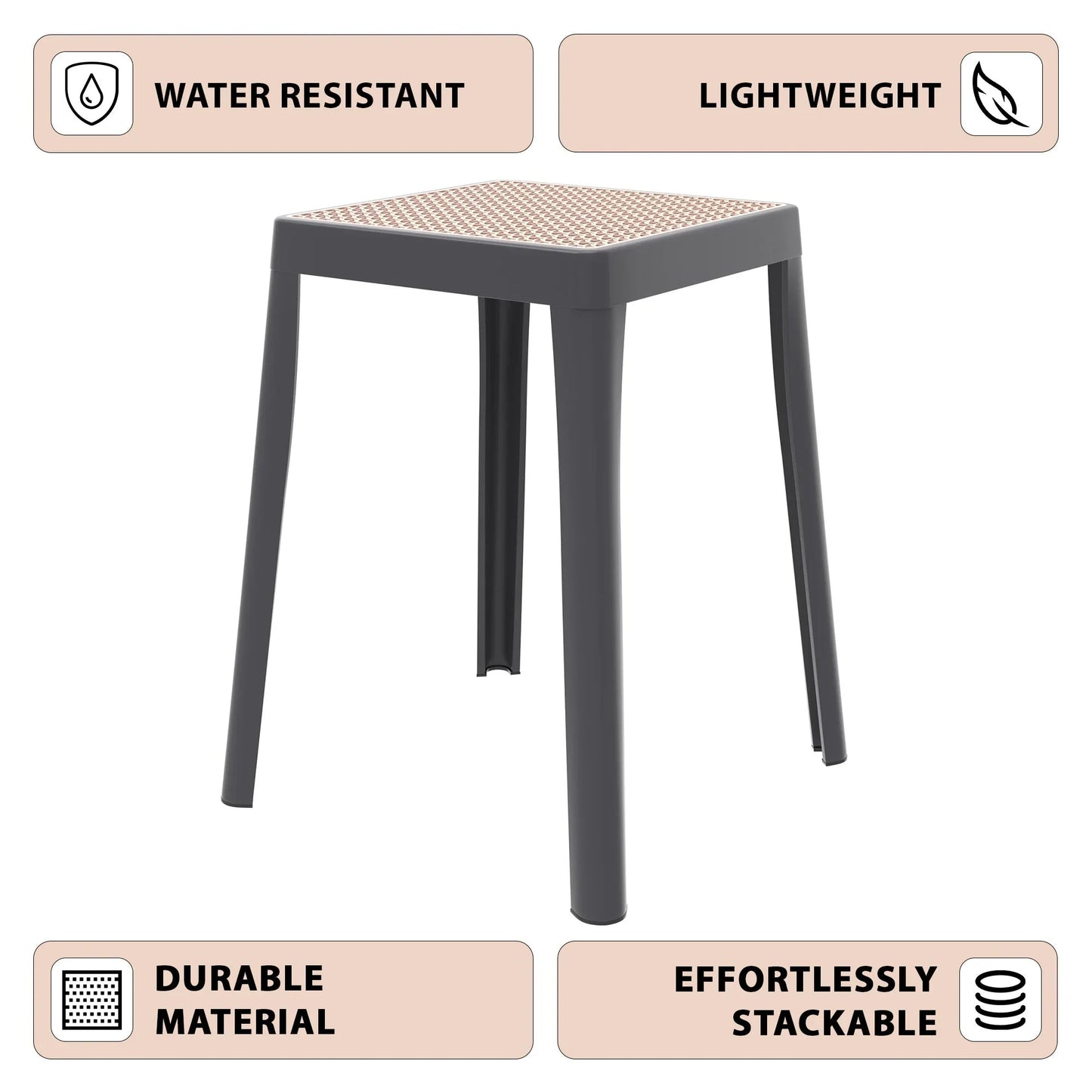 Tresse Mid-Century Modern Stackable Square Plastic Dining Stool with Wicker Top - Elax Furniture