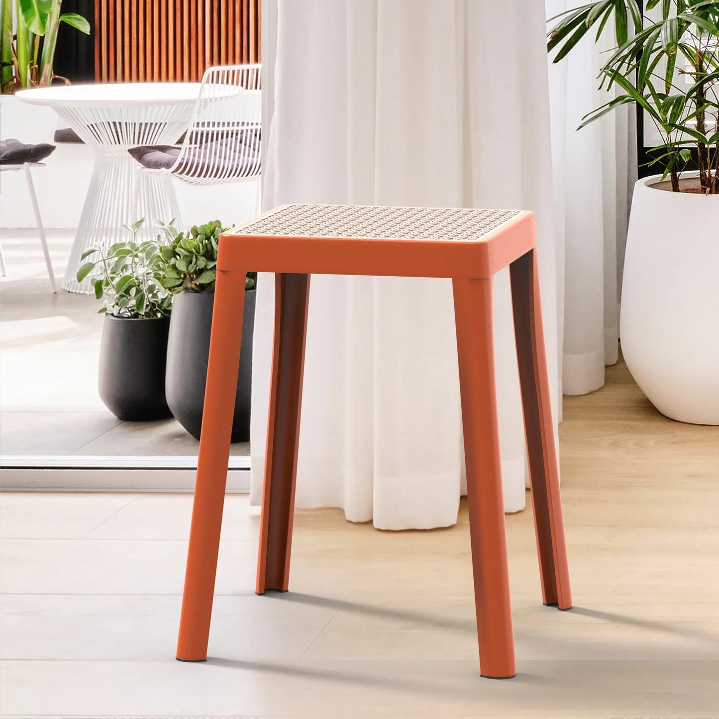 Tresse Mid-Century Modern Stackable Square Plastic Dining Stool with Wicker Top - Elax Furniture