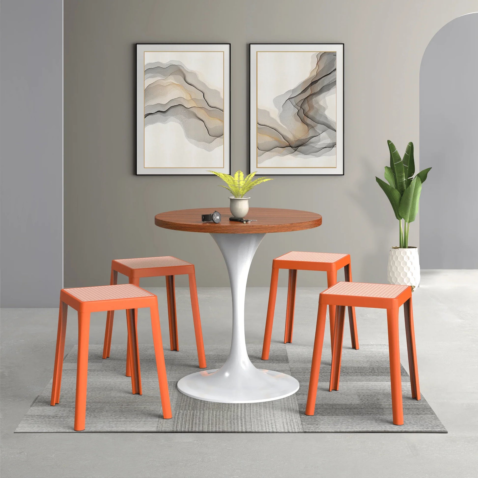 Tresse Mid-Century Modern Stackable Square Plastic Dining Stool with Wicker Top - Elax Furniture