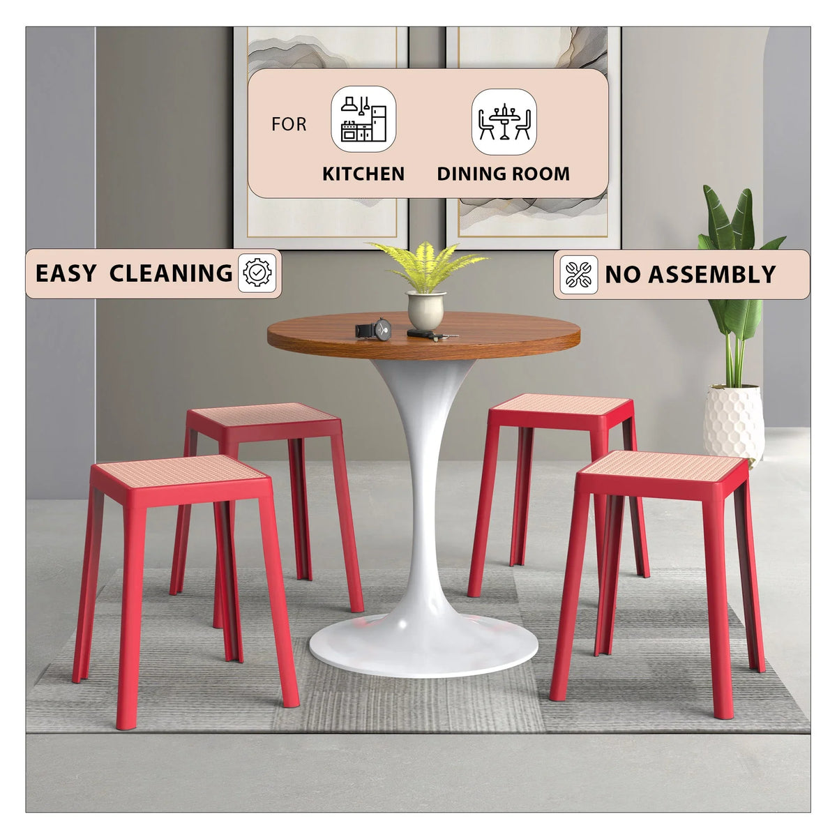 Tresse Mid-Century Modern Stackable Square Plastic Dining Stool with Wicker Top - Elax Furniture