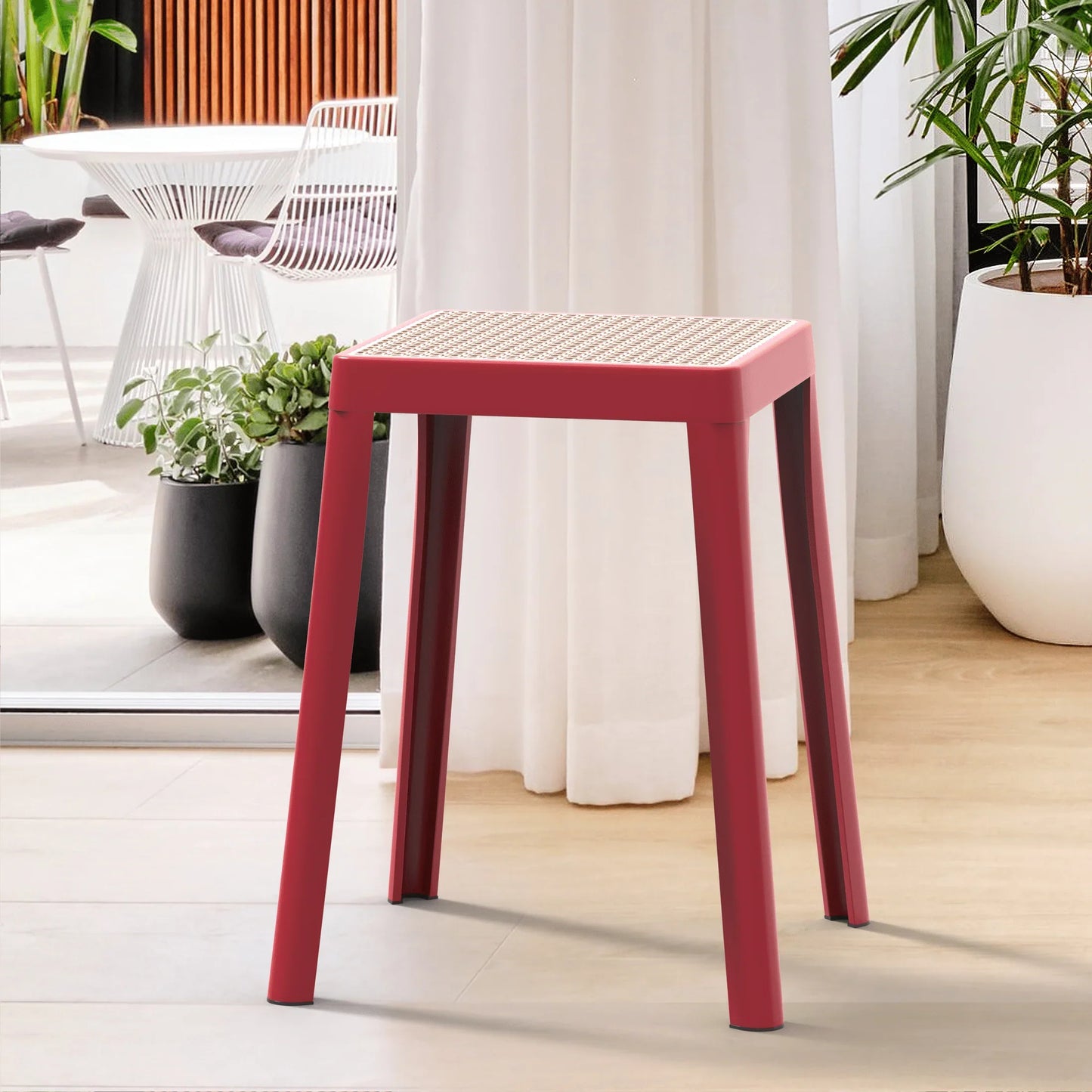 Tresse Mid-Century Modern Stackable Square Plastic Dining Stool with Wicker Top - Elax Furniture
