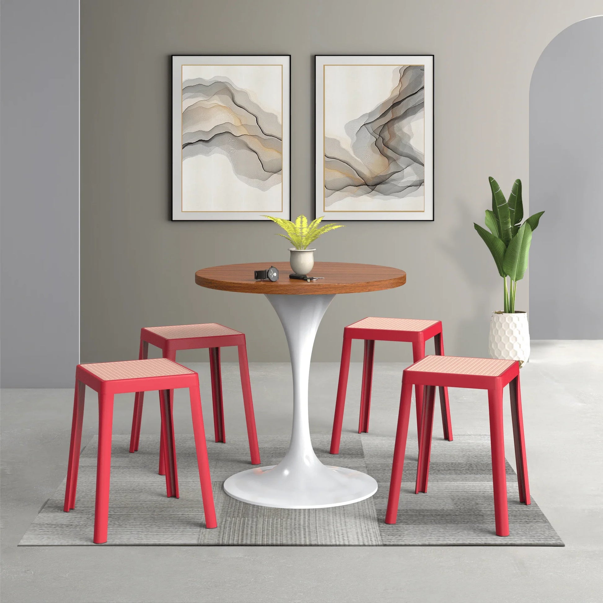 Tresse Mid-Century Modern Stackable Square Plastic Dining Stool with Wicker Top - Elax Furniture