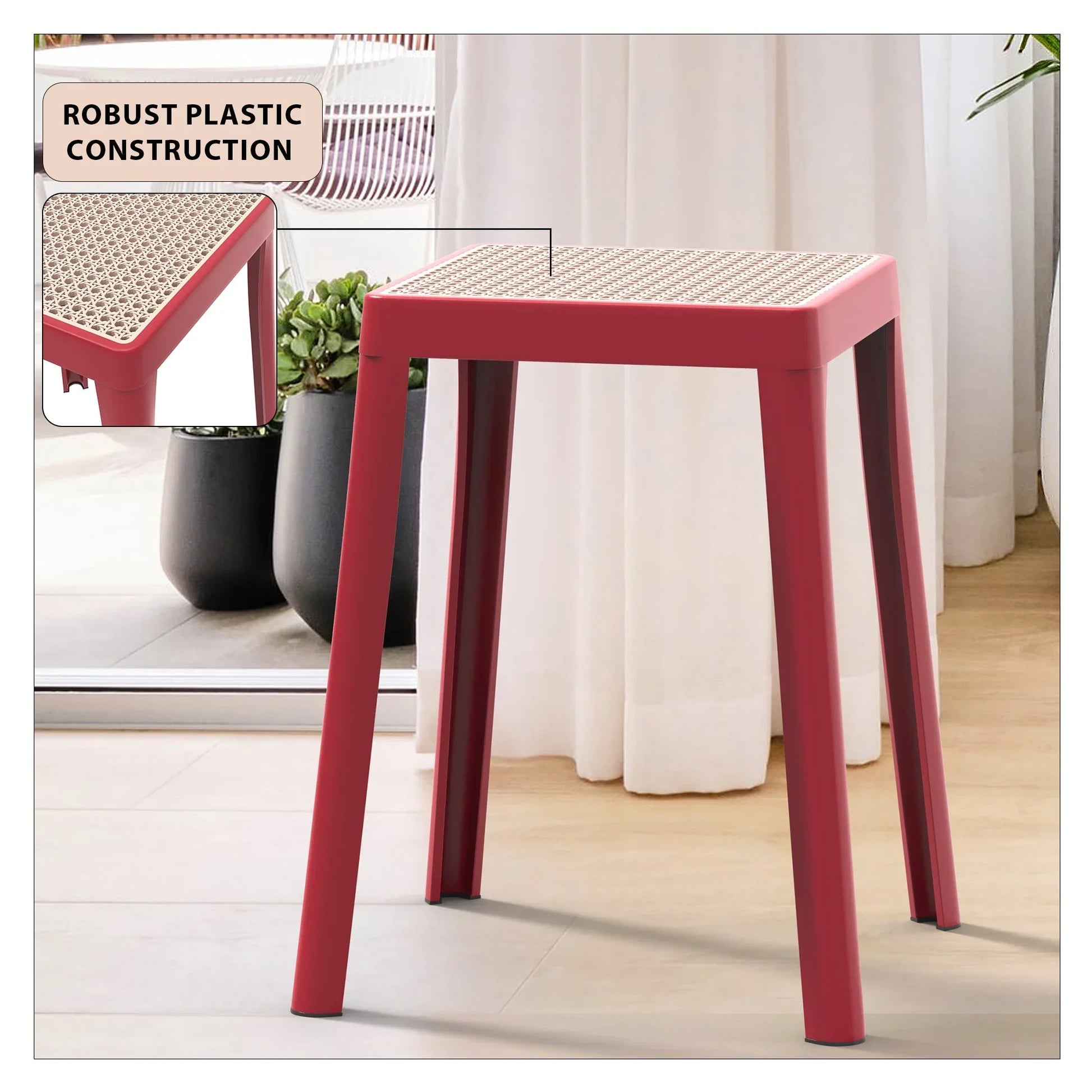 Tresse Mid-Century Modern Stackable Square Plastic Dining Stool with Wicker Top - Elax Furniture