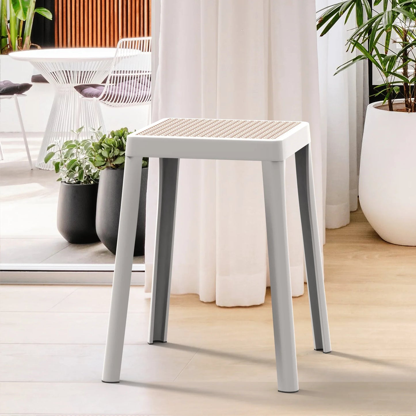 Tresse Mid-Century Modern Stackable Square Plastic Dining Stool with Wicker Top - Elax Furniture