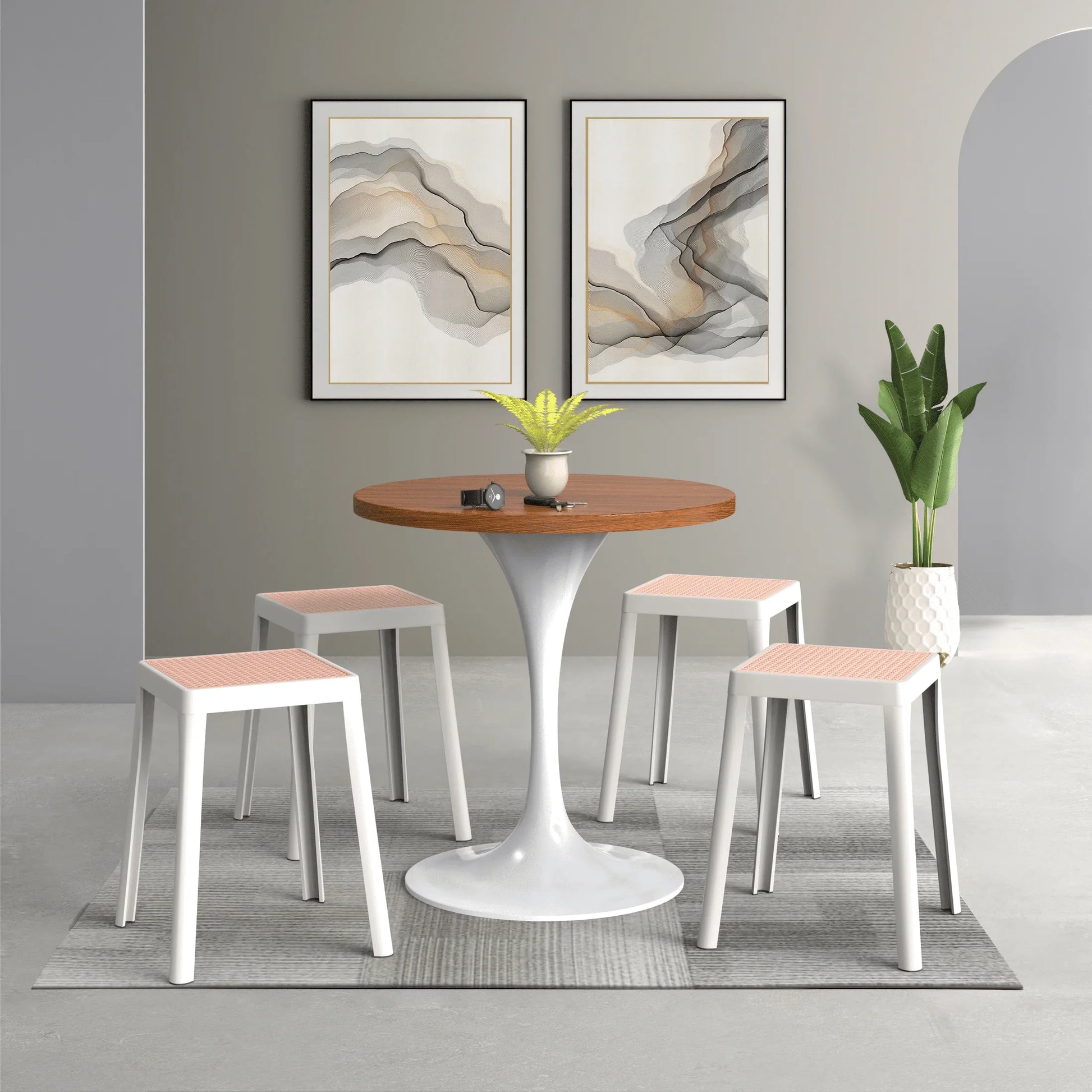 Tresse Mid-Century Modern Stackable Square Plastic Dining Stool with Wicker Top - Elax Furniture