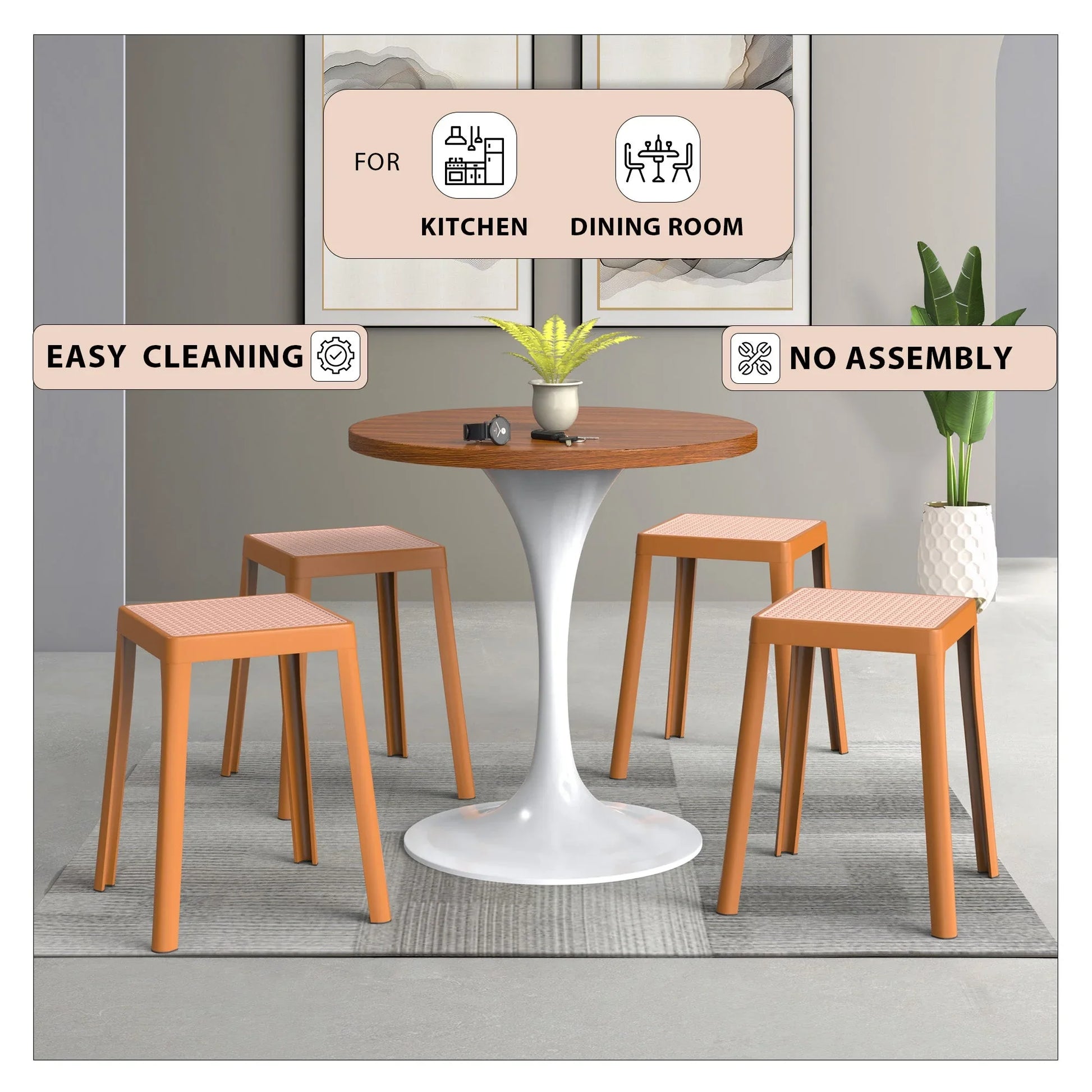 Tresse Mid-Century Modern Stackable Square Plastic Dining Stool with Wicker Top - Elax Furniture