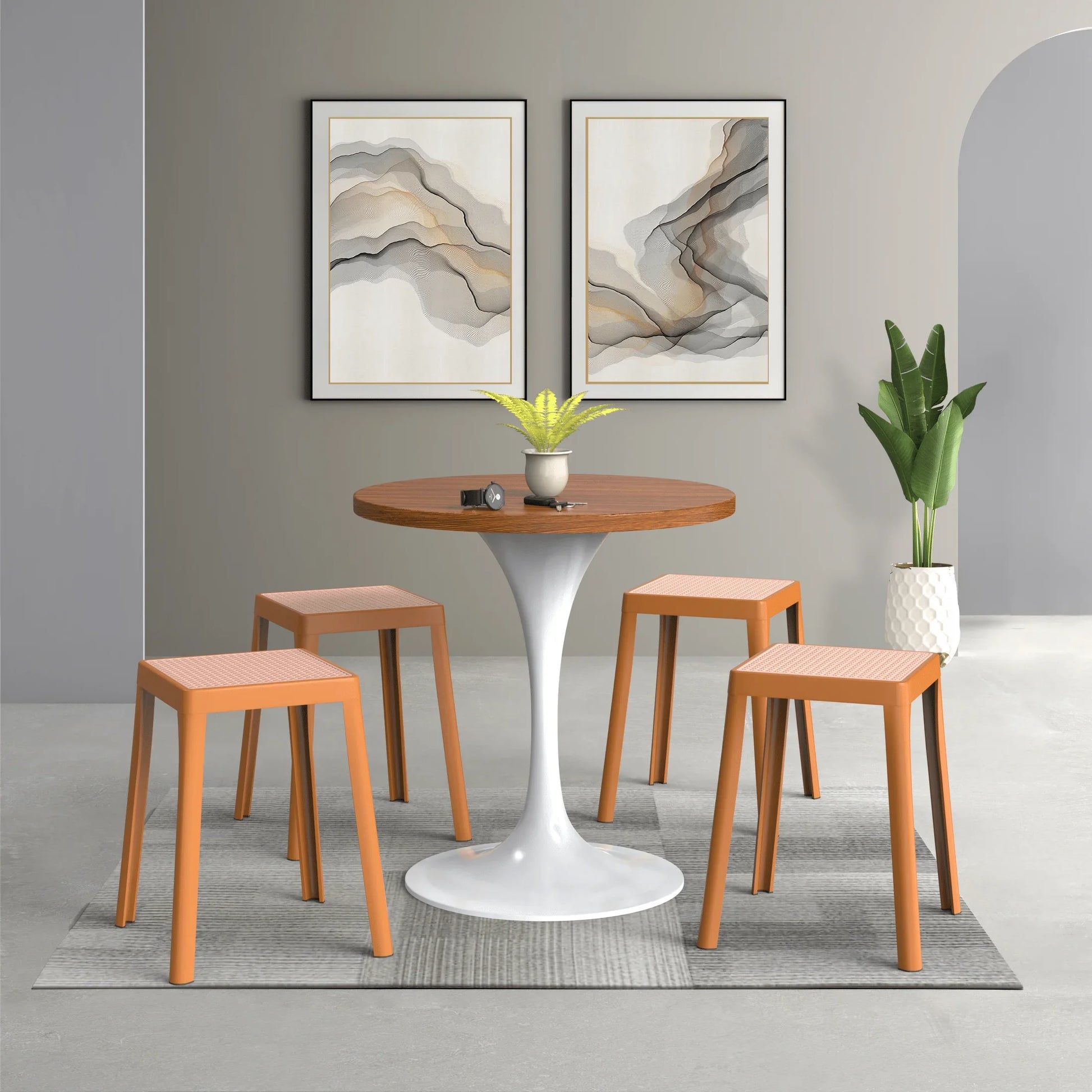 Tresse Mid-Century Modern Stackable Square Plastic Dining Stool with Wicker Top - Elax Furniture