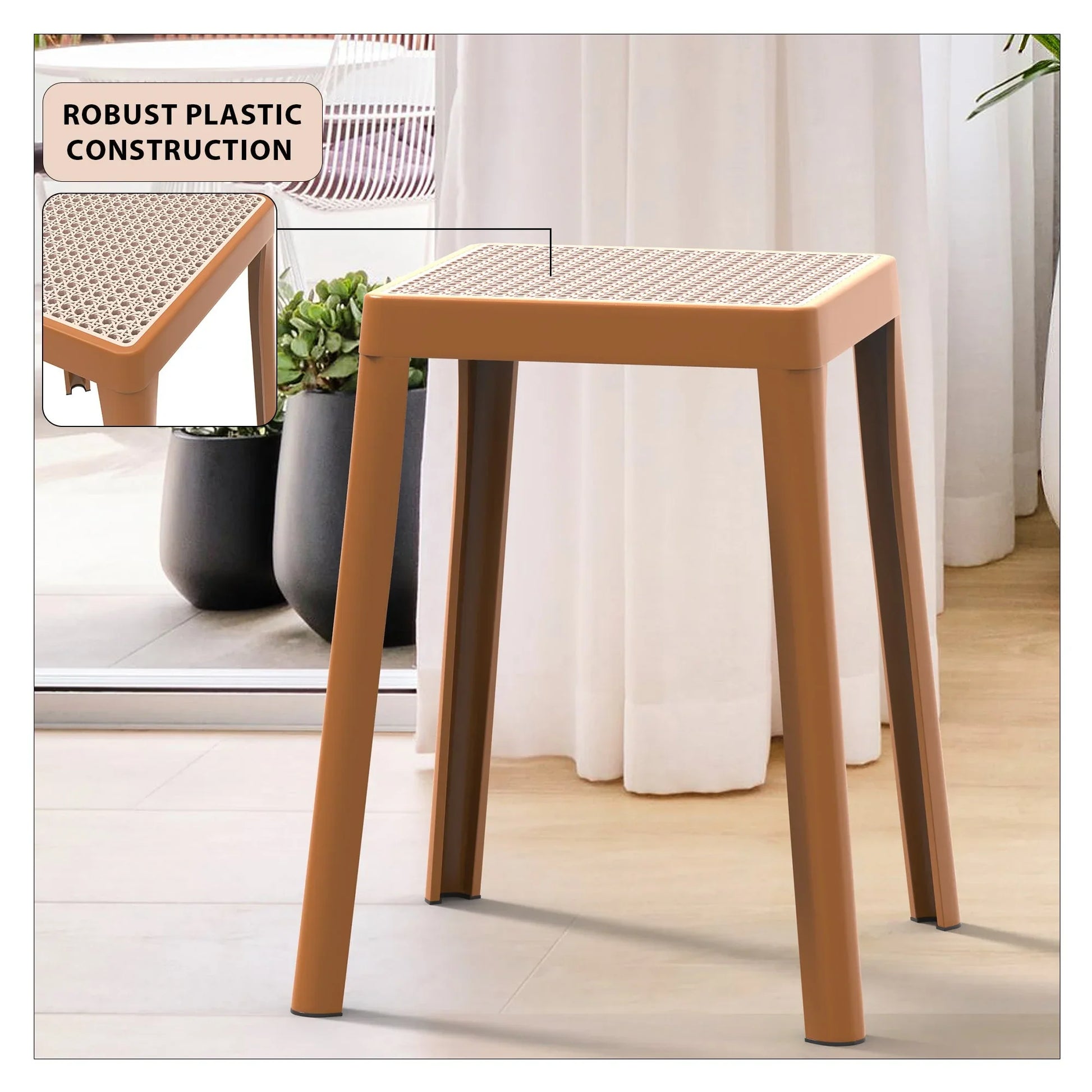 Tresse Mid-Century Modern Stackable Square Plastic Dining Stool with Wicker Top - Elax Furniture