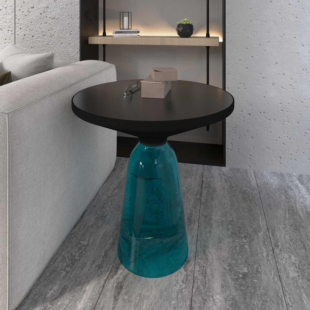 Tully 19-Inch Round Glass/Stone Side Table with Iron Rim Frame and Glass Base - Elax Furniture