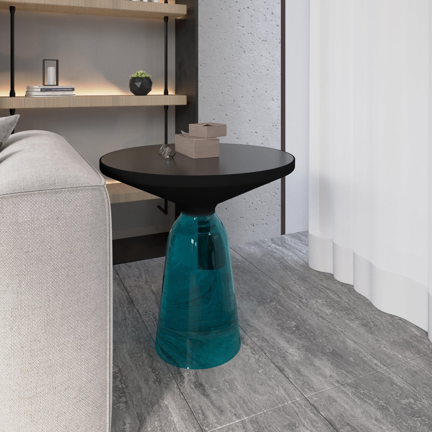 Tully 19-Inch Round Glass/Stone Side Table with Iron Rim Frame and Glass Base - Elax Furniture