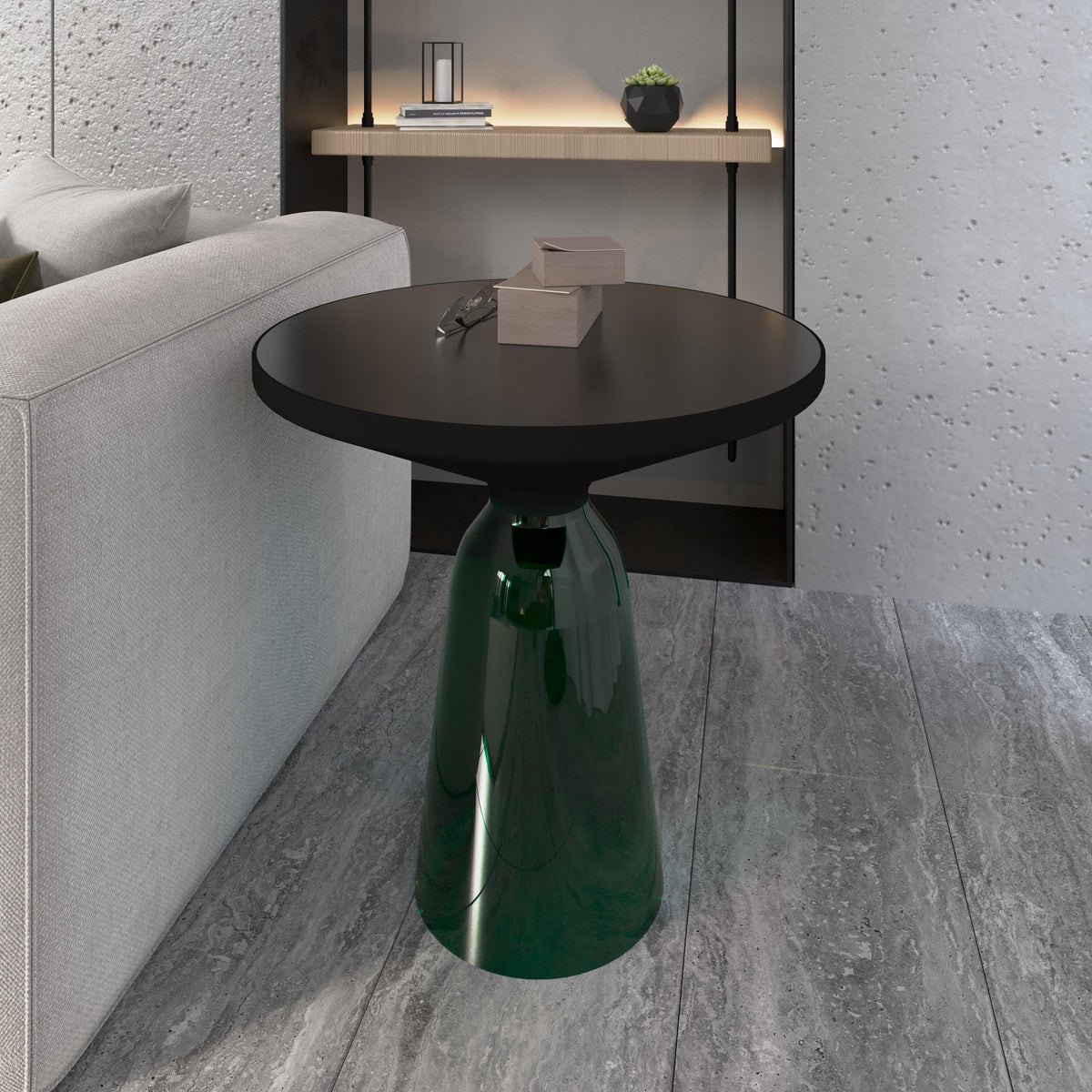 Tully 19-Inch Round Glass/Stone Side Table with Iron Rim Frame and Glass Base - Elax Furniture