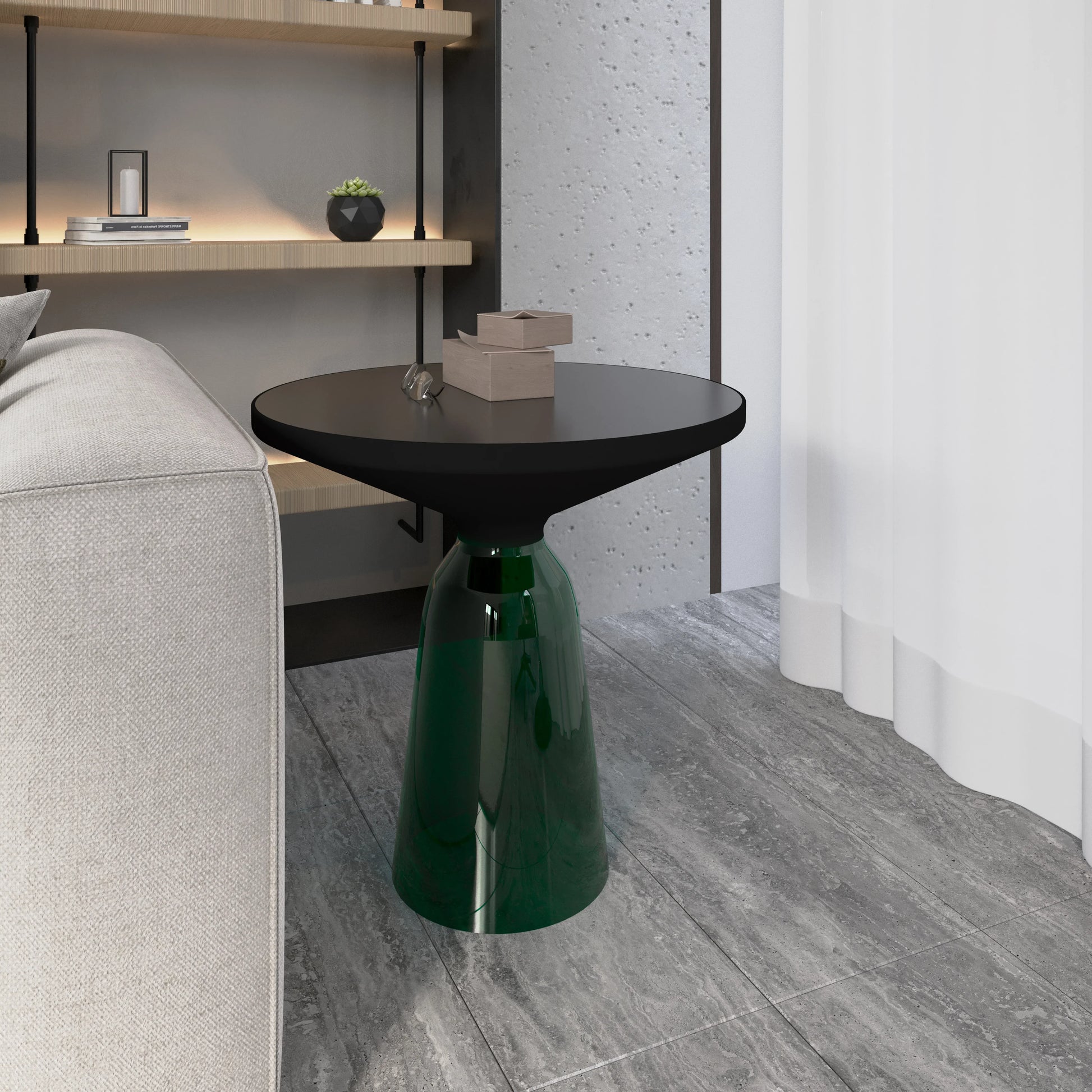 Tully 19-Inch Round Glass/Stone Side Table with Iron Rim Frame and Glass Base - Elax Furniture