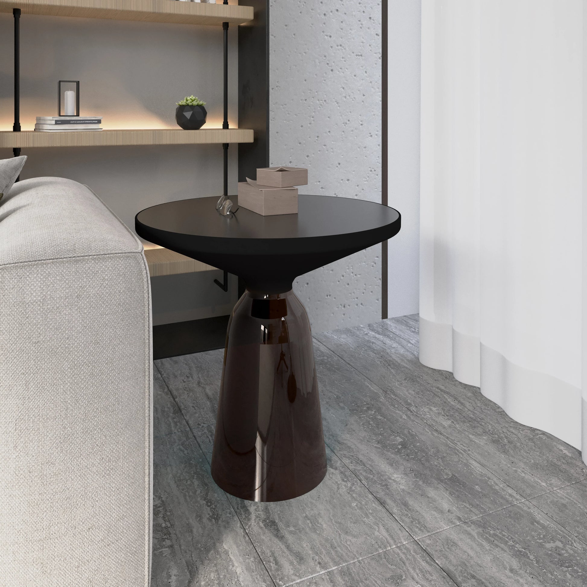 Tully 19-Inch Round Glass/Stone Side Table with Iron Rim Frame and Glass Base - Elax Furniture